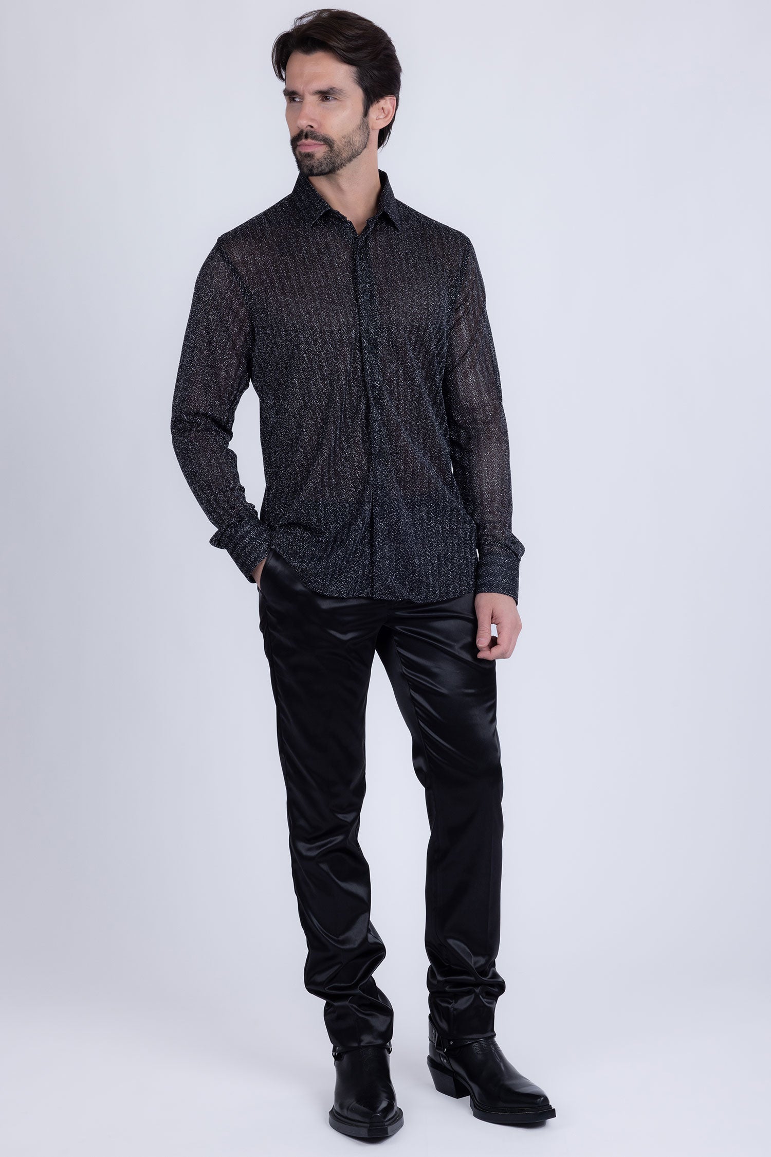 Barabas Men's Stretch Geometric See Through Long Sleeve Shirt 4B94 Black