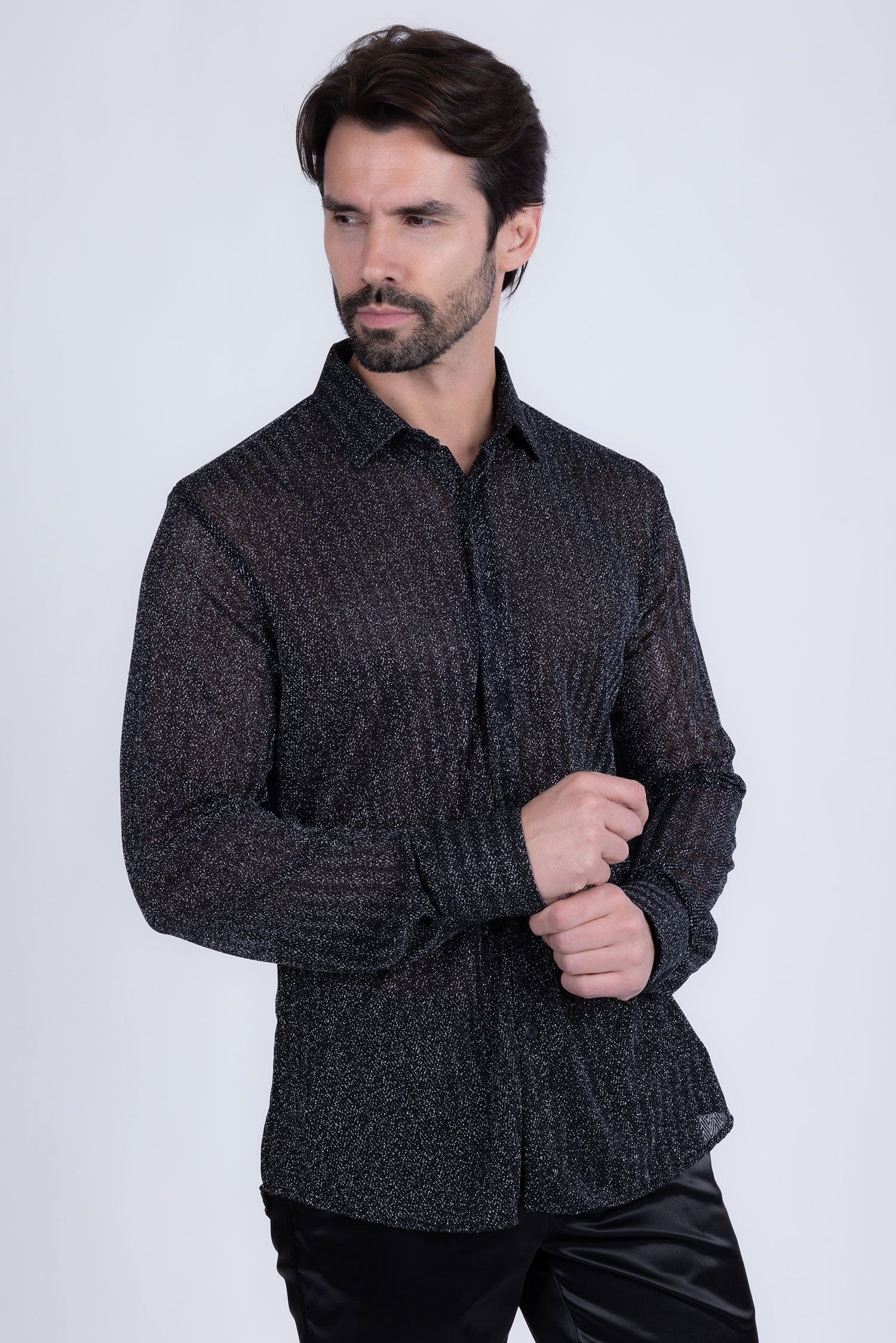 Barabas Men's Stretch Geometric See Through Long Sleeve Shirt 4B94 Black