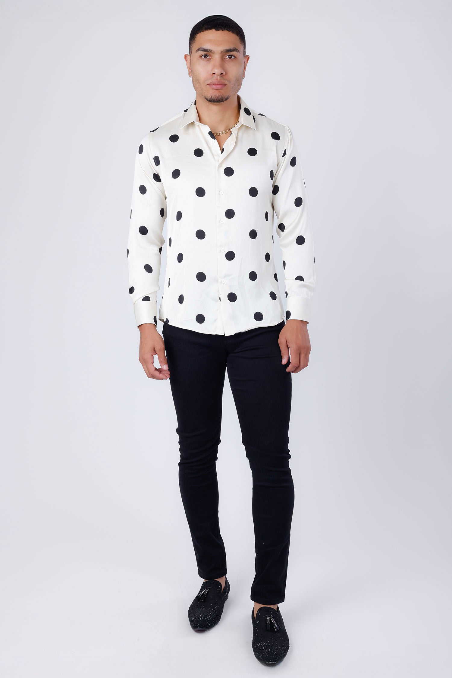 Barabas Men's Polka Dots Silk Feel Shiny Long Sleeve Shirt 4B98 White