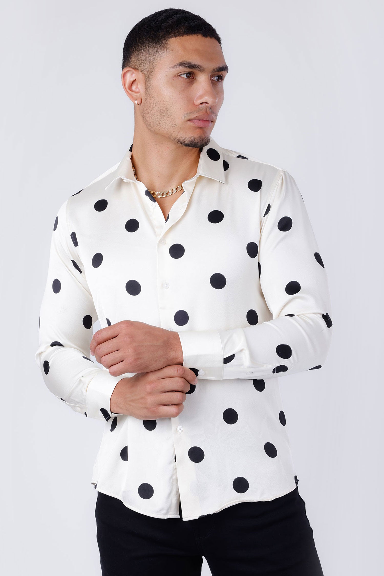 Barabas Men's Polka Dots Silk Feel Shiny Long Sleeve Shirt 4B98 White