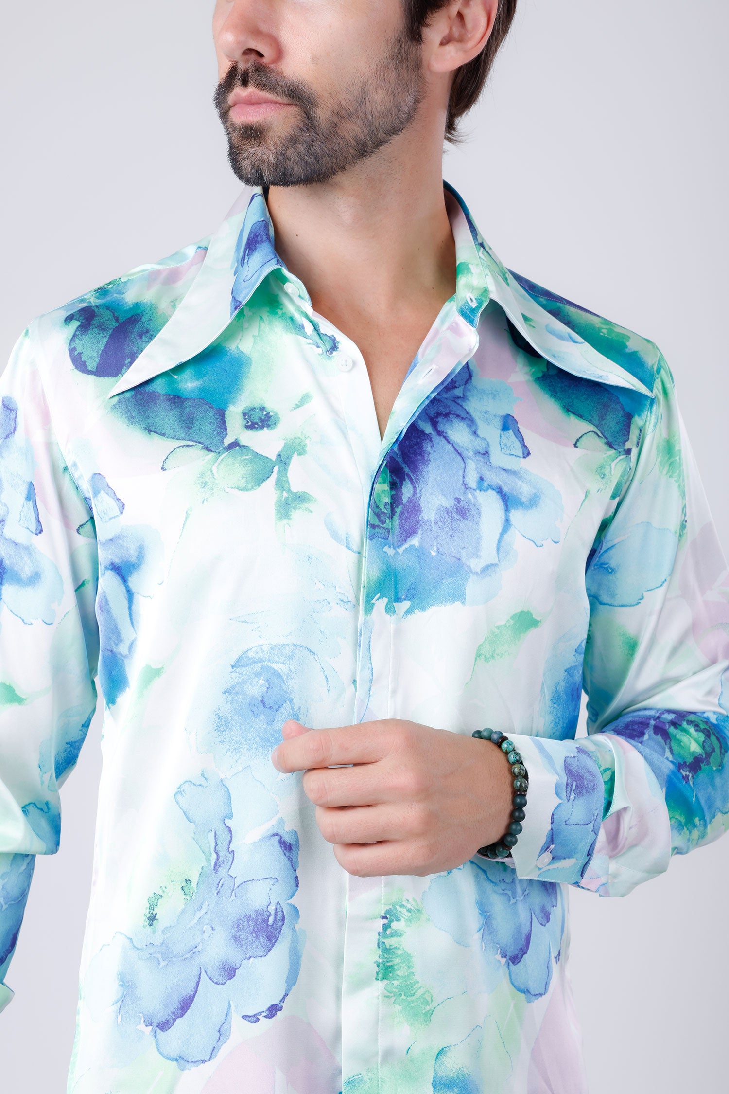 Barabas Men's Floral Stretch Spear Point Collar Long Sleeve Shirt 4B99 Green