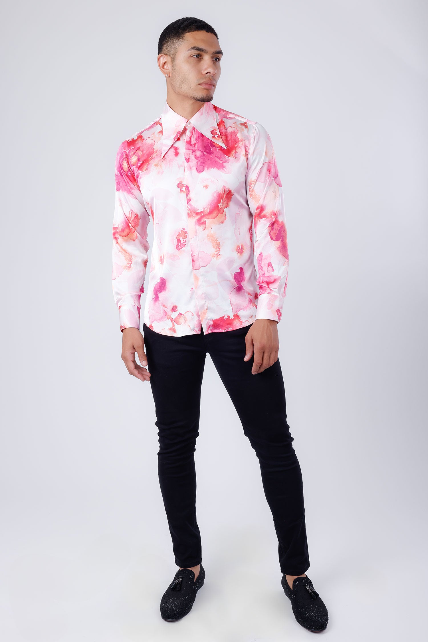 Barabas Men's Floral Stretch Spear Point Collar Long Sleeve Shirt 4B99 Pink