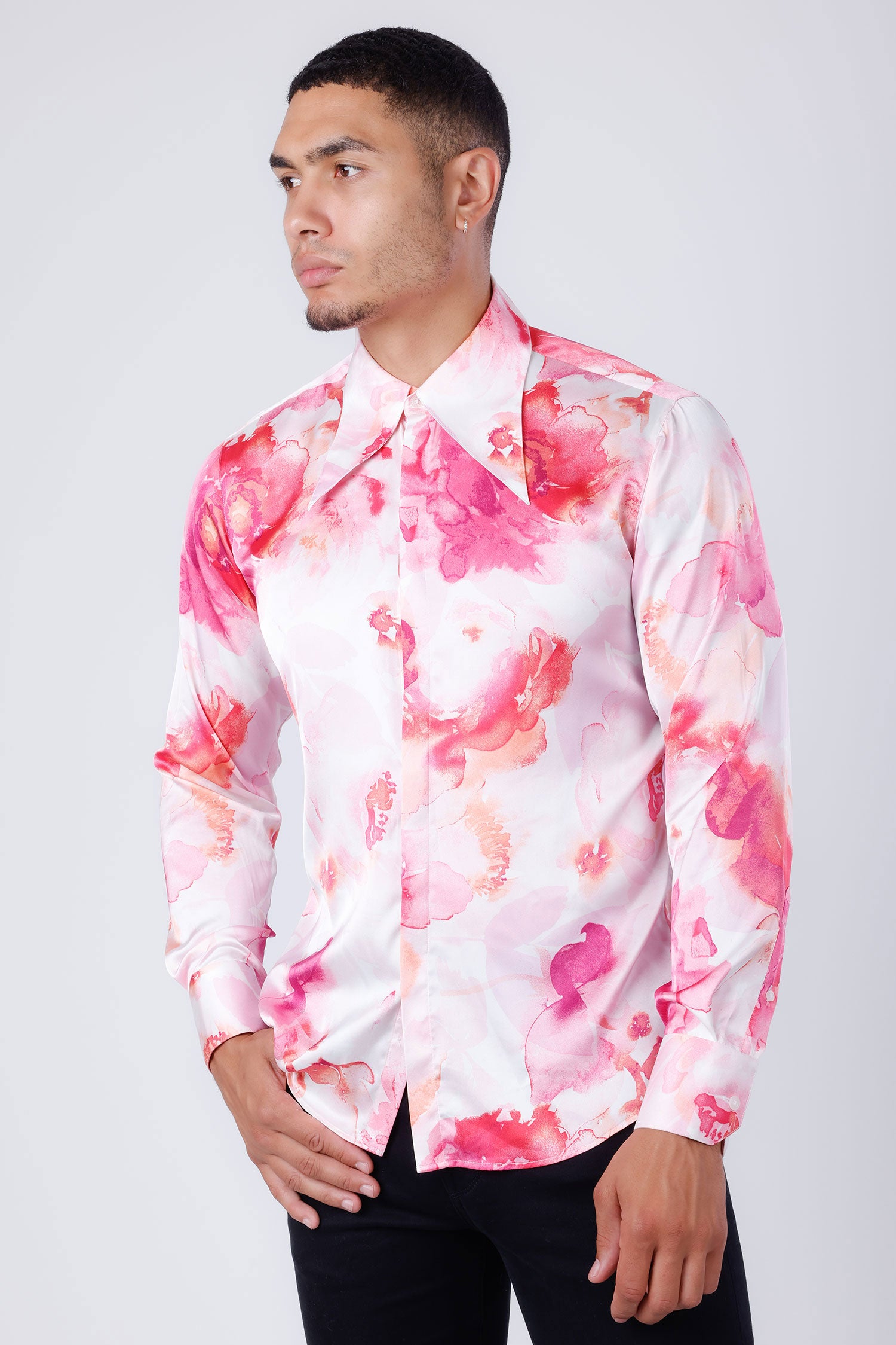 Barabas Men's Floral Stretch Spear Point Collar Long Sleeve Shirt 4B99 Peach