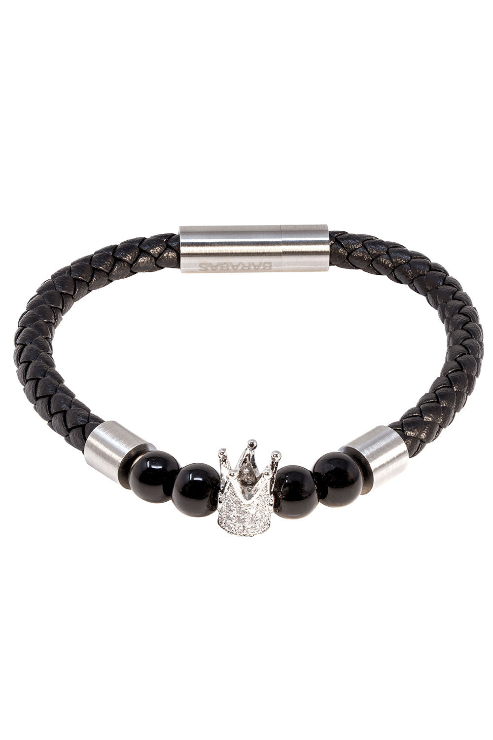 Barabas Unisex Obsidian Crown Leather Magnetic Bangle Bracelets 4BB13 Silver