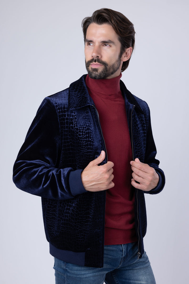 Barabas Men's Crocodile Pattern Velvet Bomber Winter Jacket 4BH88 Navy