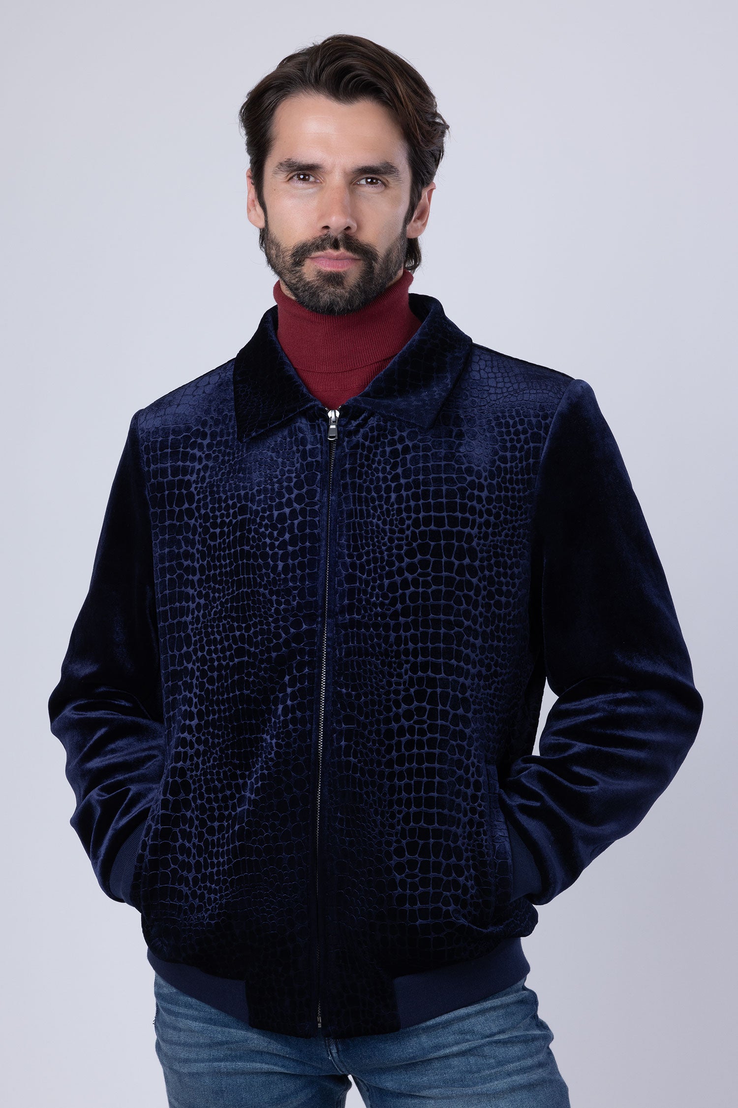 Barabas Men's Crocodile Pattern Velvet Bomber Winter Jacket 4BH88 Navy