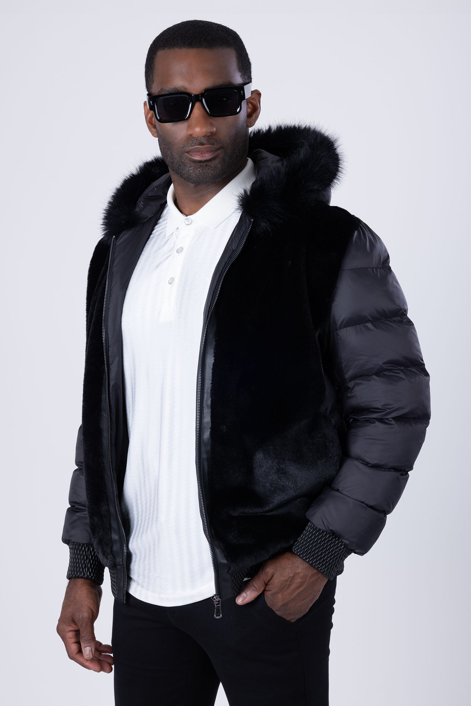 Barabas Men's Hooded Fur Fabric Winter Bomber Jacket 4BH90 Black