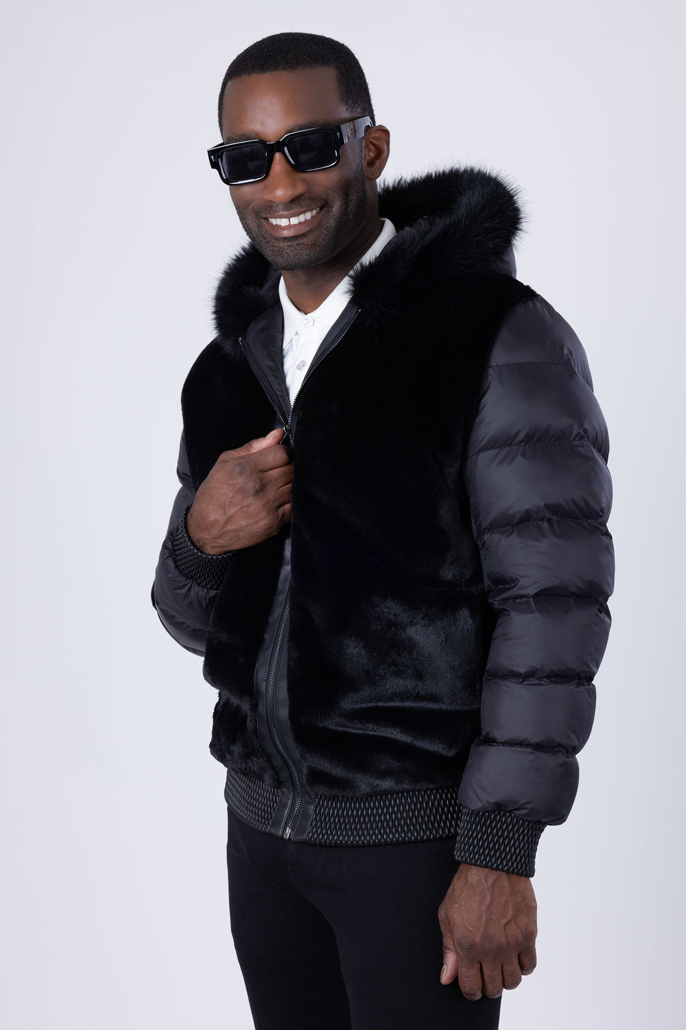 Barabas Men's Hooded Fur Fabric Winter Bomber Jacket 4BH90 Black