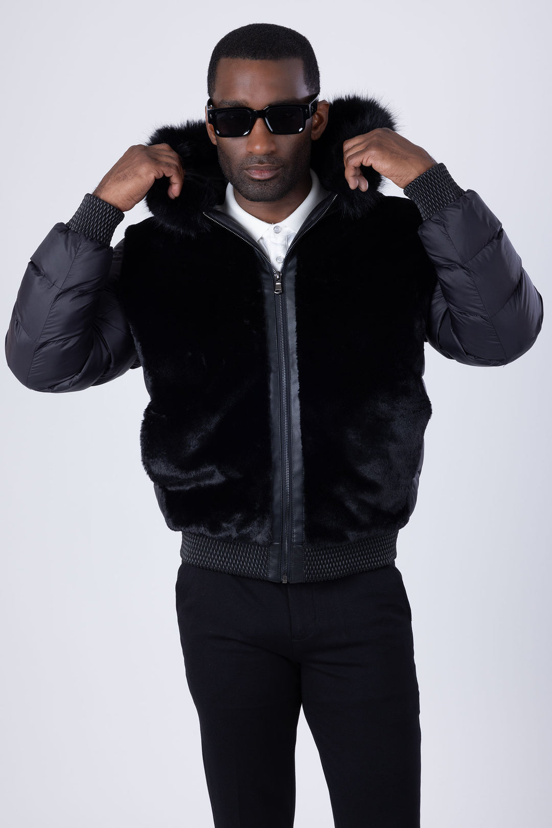 Barabas Men's Hooded Fur Fabric Winter Bomber Jacket 4BH90 Black