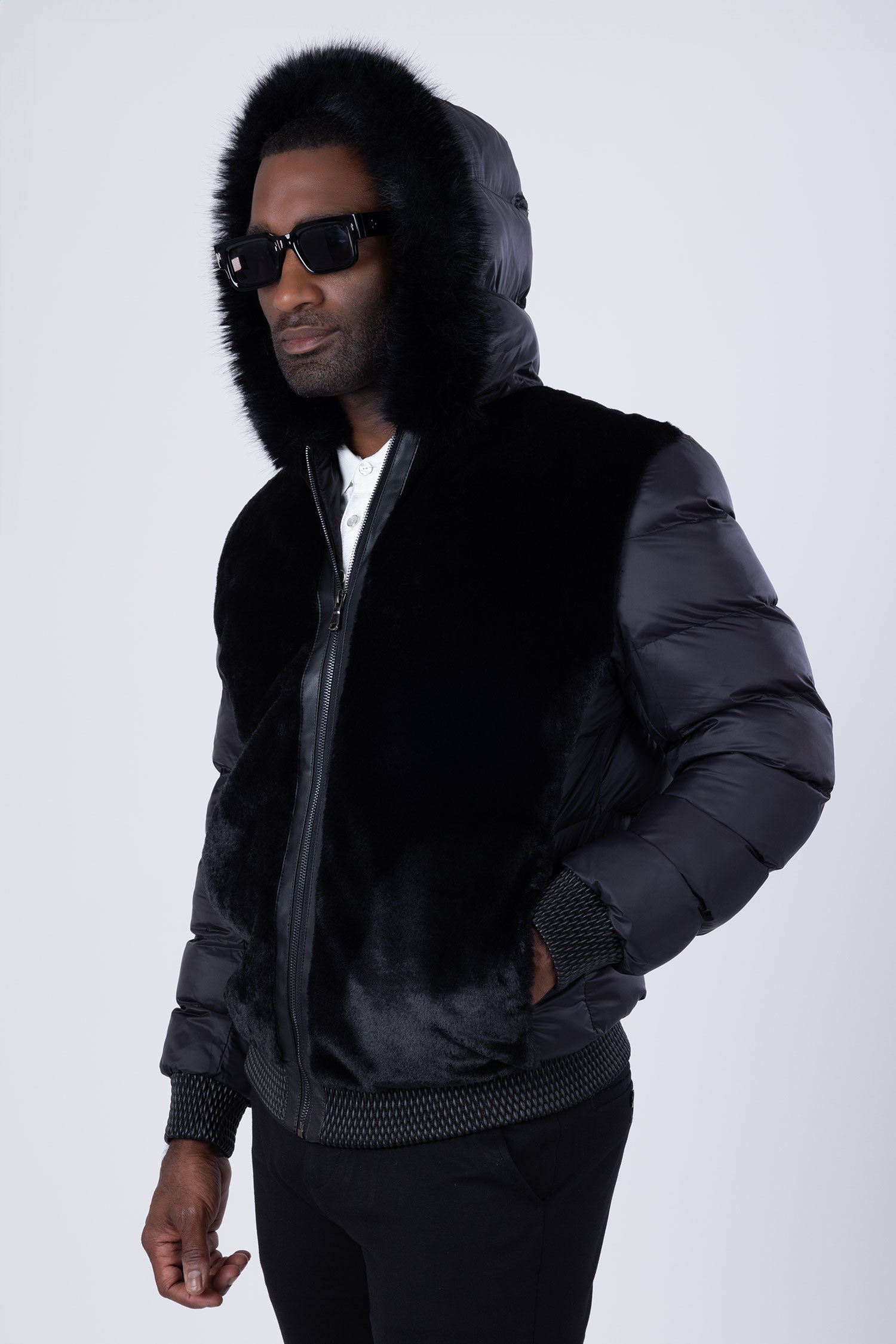 Barabas Men's Hooded Fur Fabric Winter Bomber Jacket 4BH90 Black