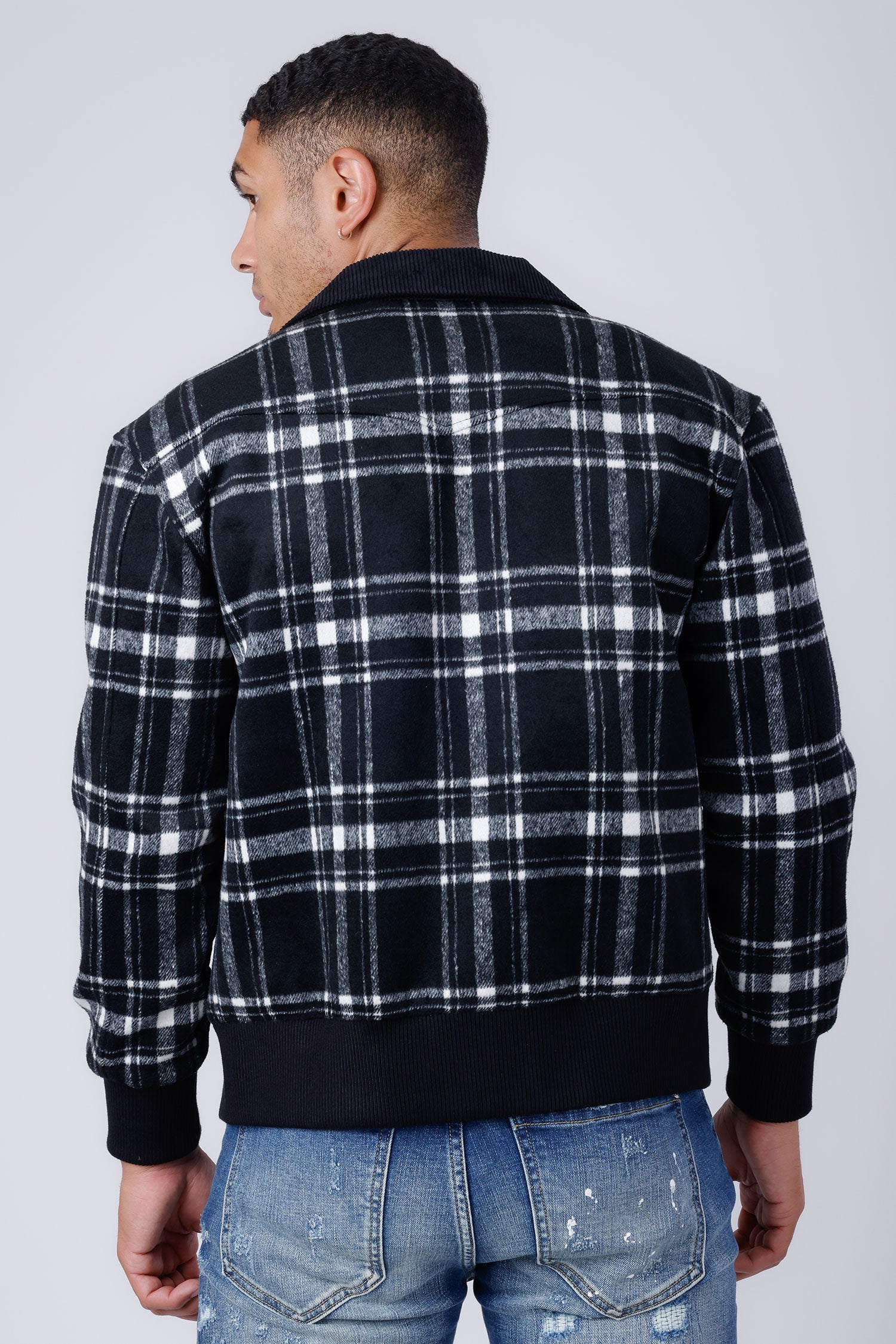 Barabas Men's Plaid Wool Winter Bomber Jacket 4BH91 Black White