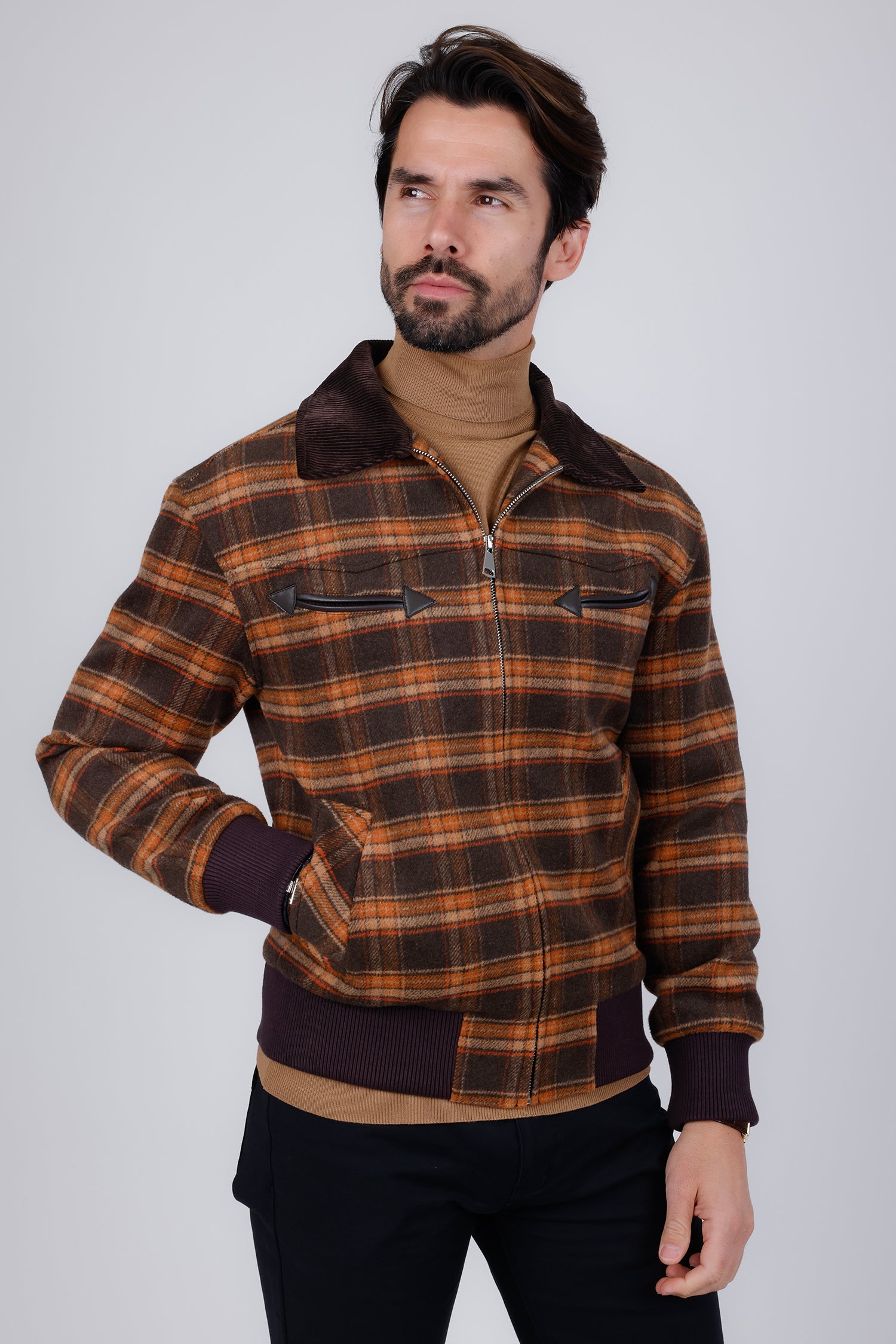 Barabas Men's Plaid Wool Winter Bomber Jacket 4BH91 Coffee