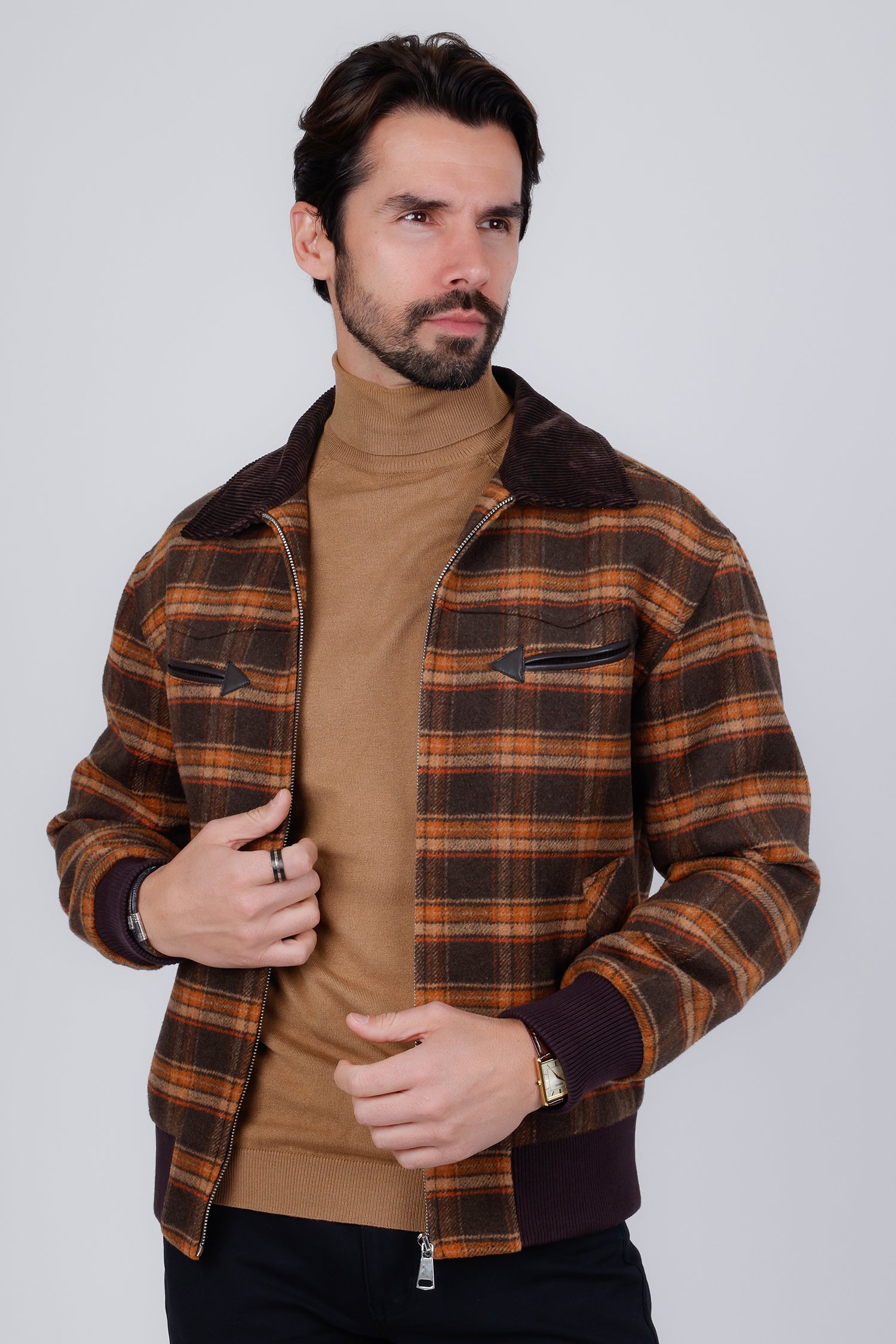 Barabas Men's Plaid Wool Winter Bomber Jacket 4BH91 Coffee