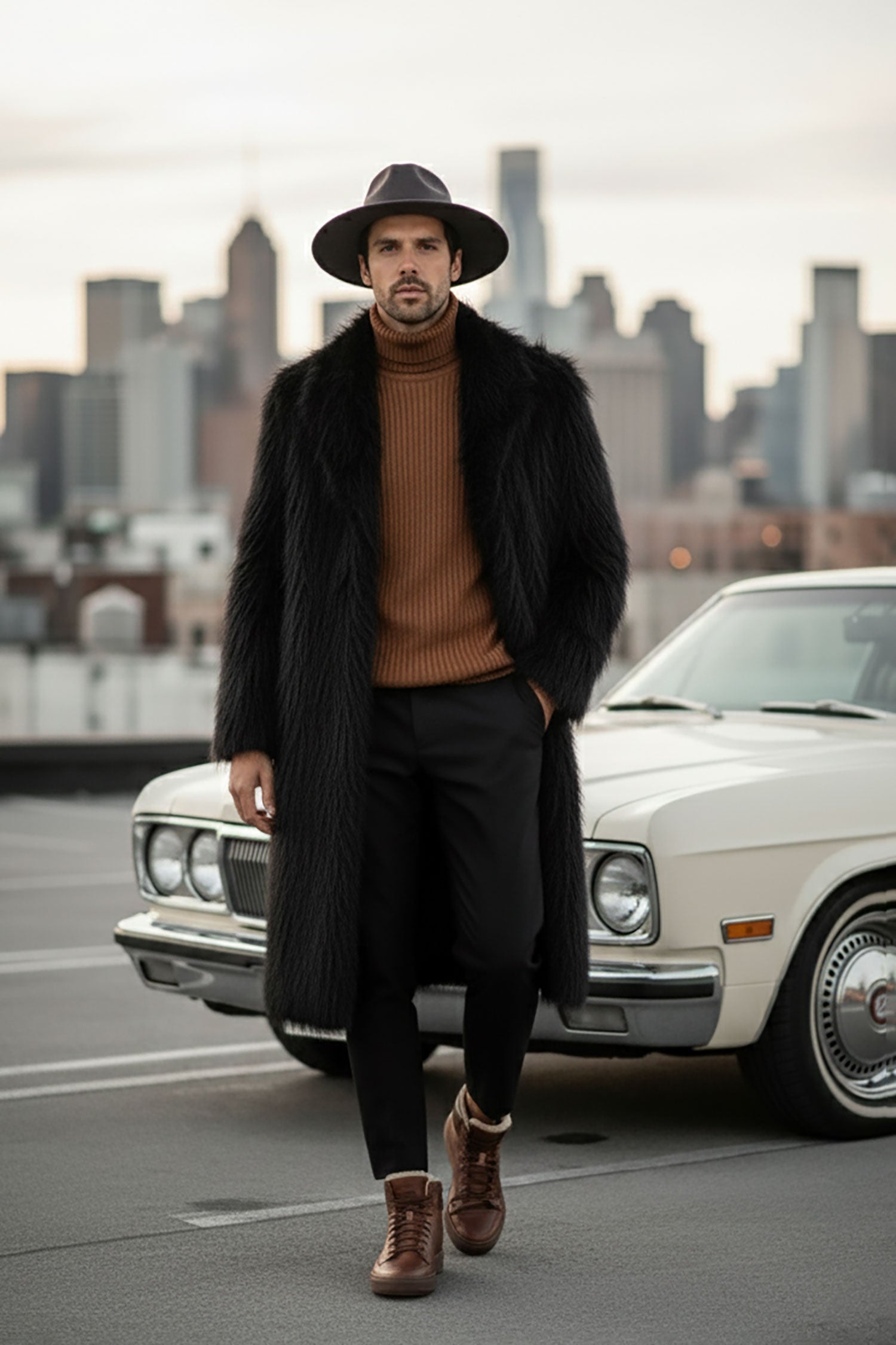 Barabas Men's Fur Shawl Lapel Luxury Long Coat 4BHL03 Black