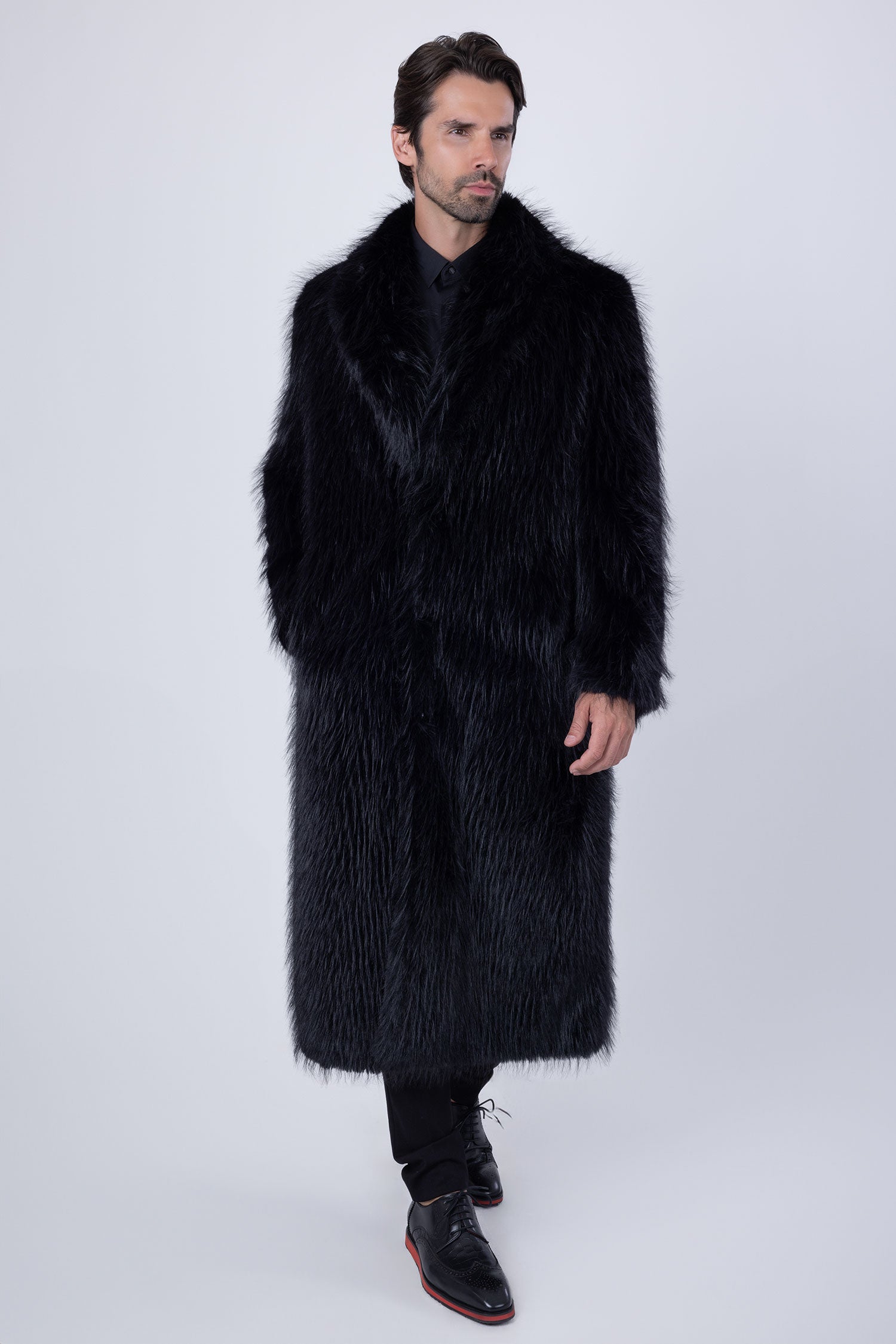 Barabas Men's Fur Shawl Lapel Luxury Long Coat 4BHL03 Black