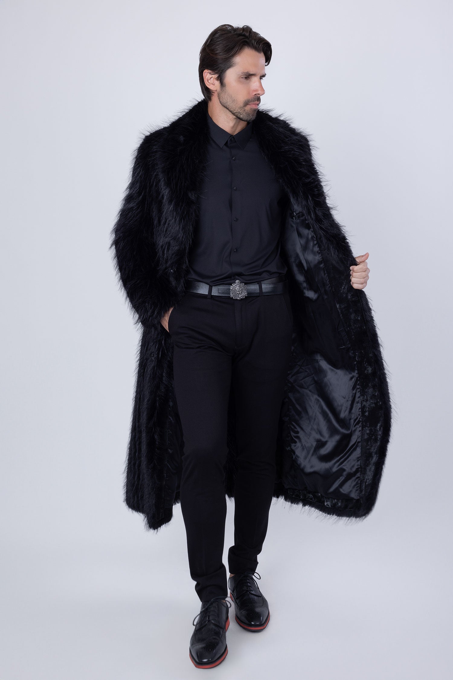 Barabas Men's Fur Shawl Lapel Luxury Long Coat 4BHL03 Black