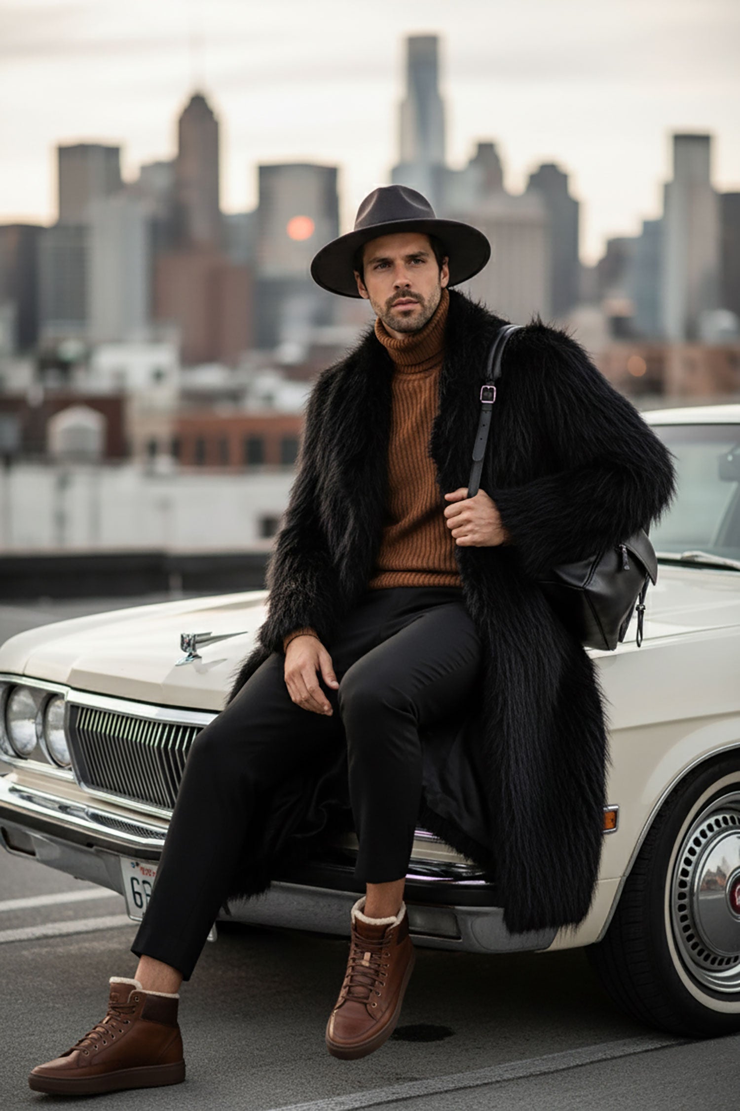 Barabas Men's Fur Shawl Lapel Luxury Long Coat 4BHL03 Black