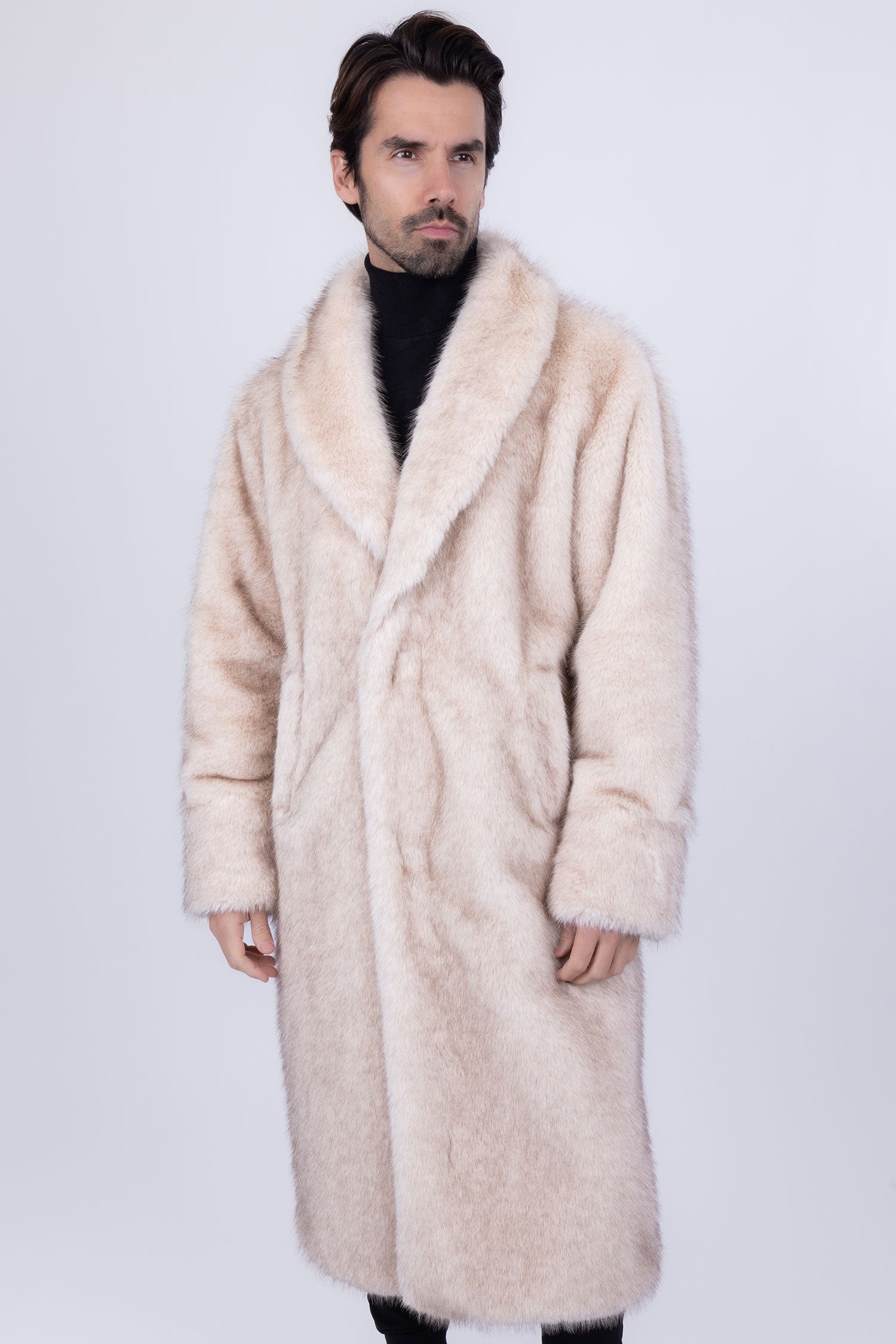 Barabas Men's Fur Shawl Lapel Luxury Long Coat 4BHL04 Cream