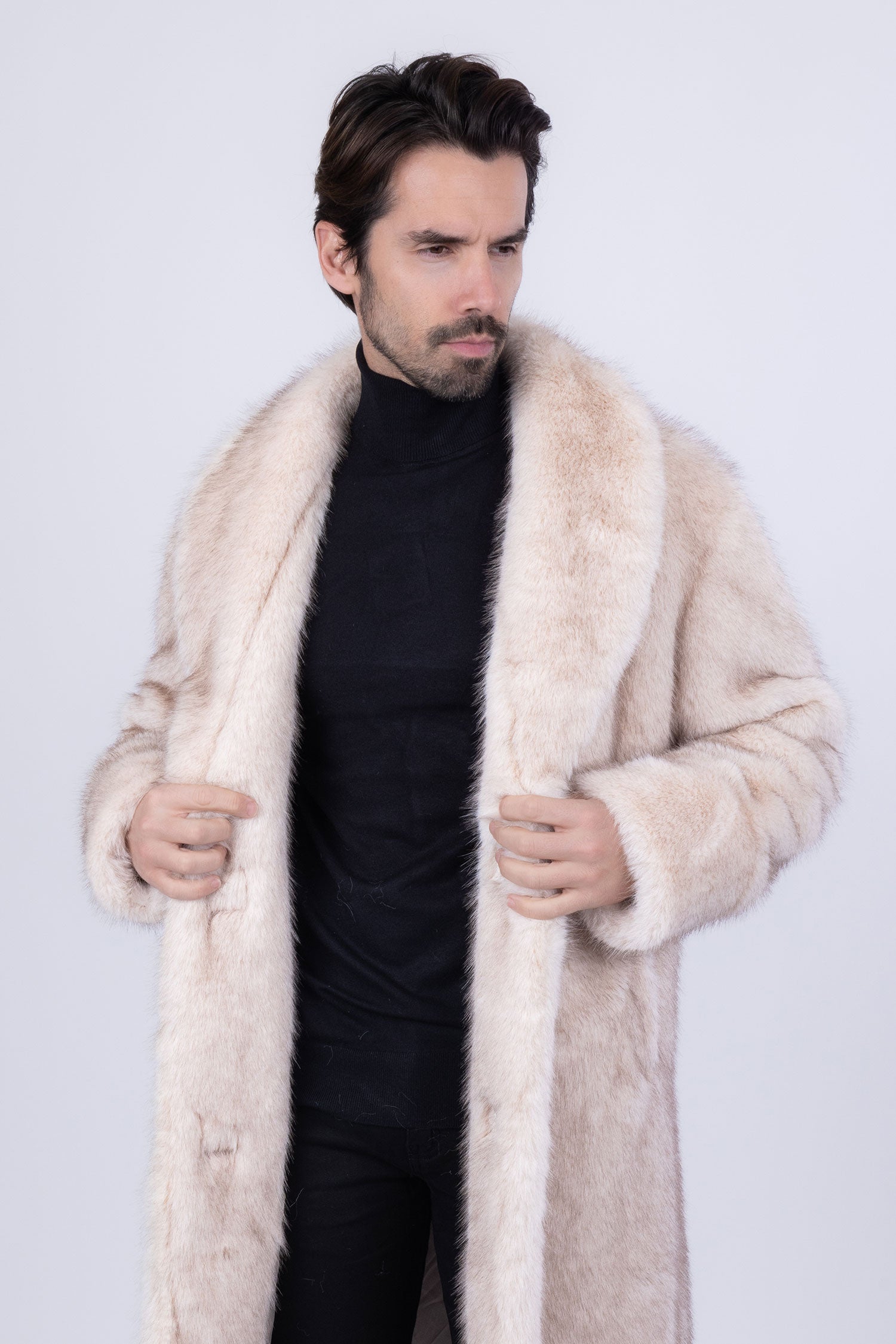 Barabas Men's Fur Shawl Lapel Luxury Long Coat 4BHL04 Cream