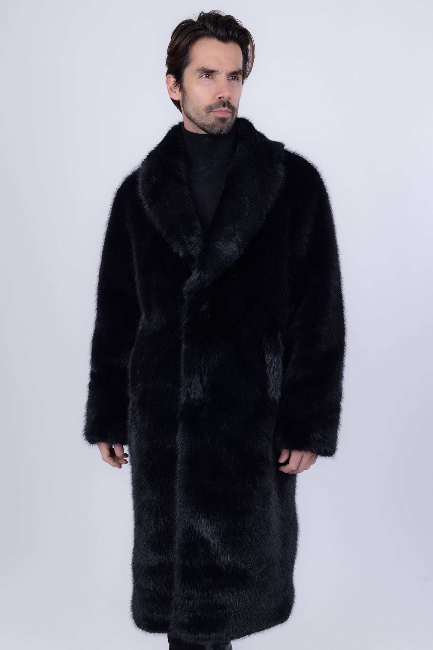 Barabas Men's Fur Shawl Lapel Luxury Long Coat 4BHL04 Black