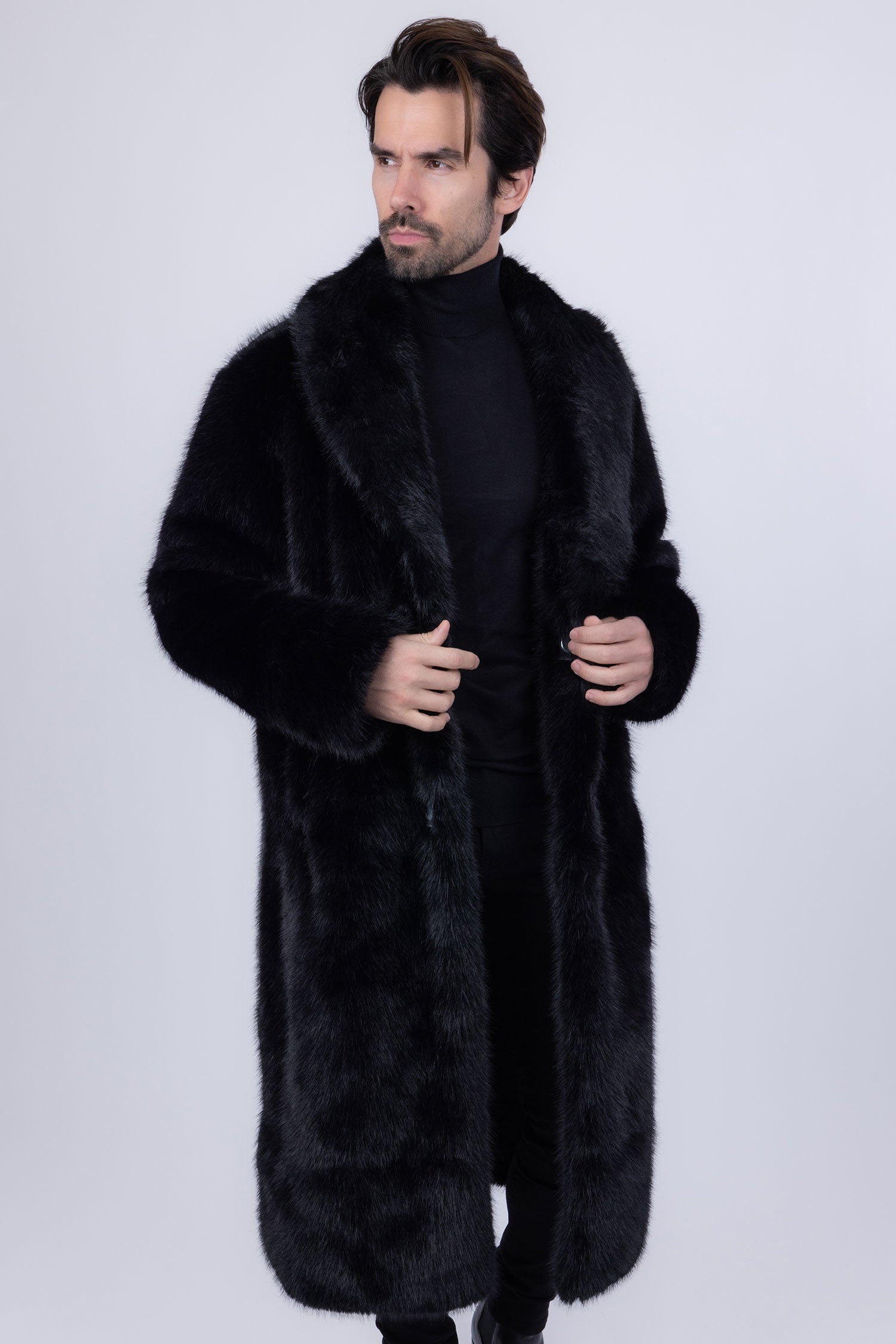 Barabas Men's Fur Shawl Lapel Luxury Long Coat 4BHL04 Black