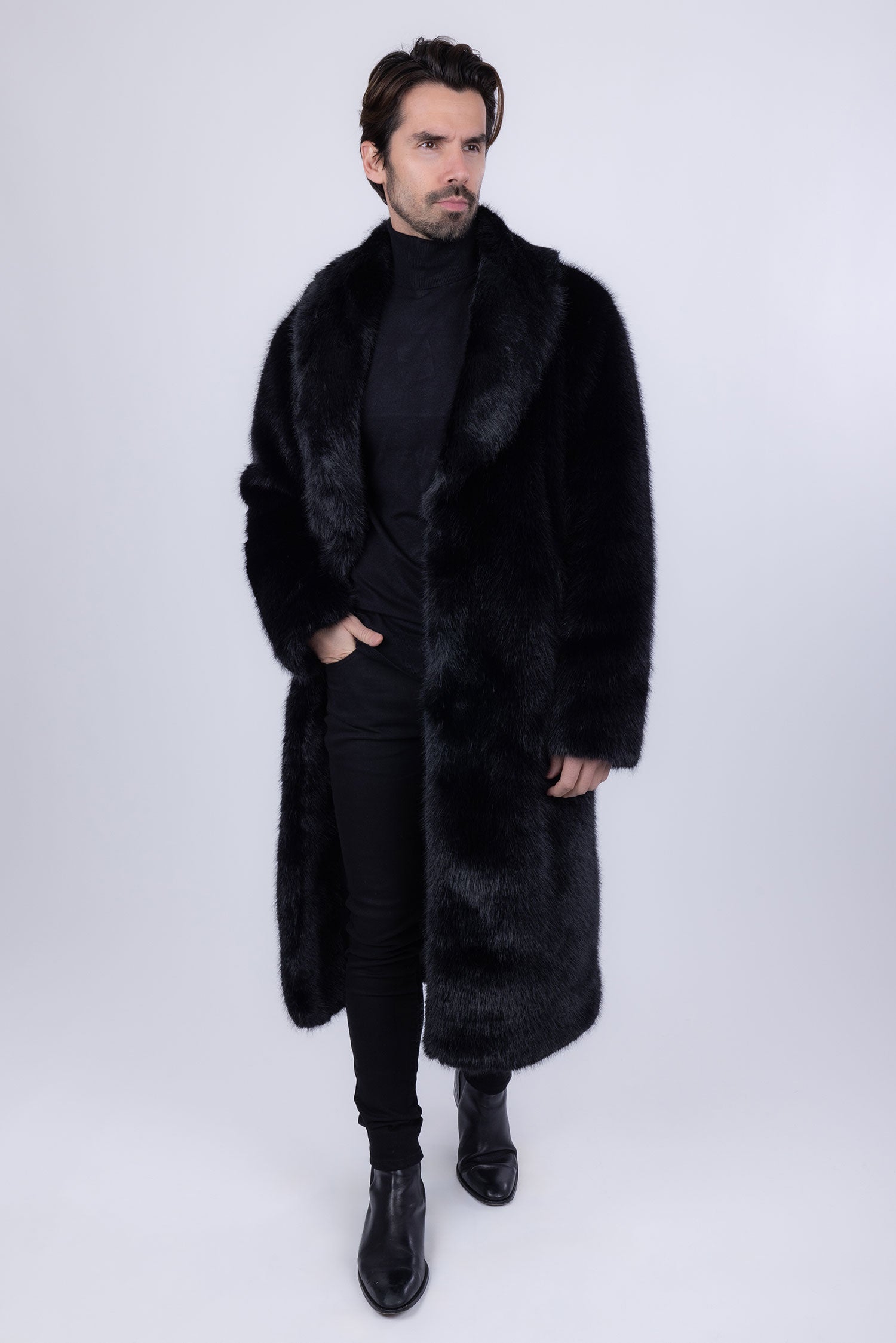 Barabas Men's Fur Shawl Lapel Luxury Long Coat 4BHL04 Black