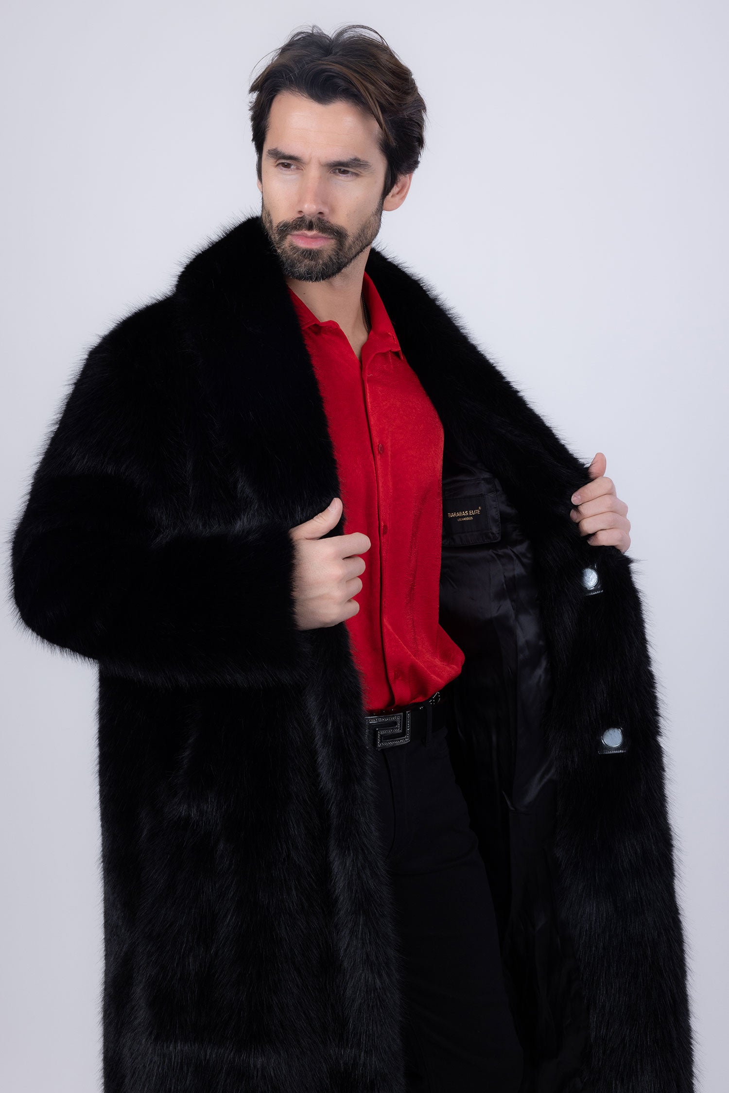 Barabas Men's Fur Shawl Lapel Luxury Long Coat 4BHL04 Black