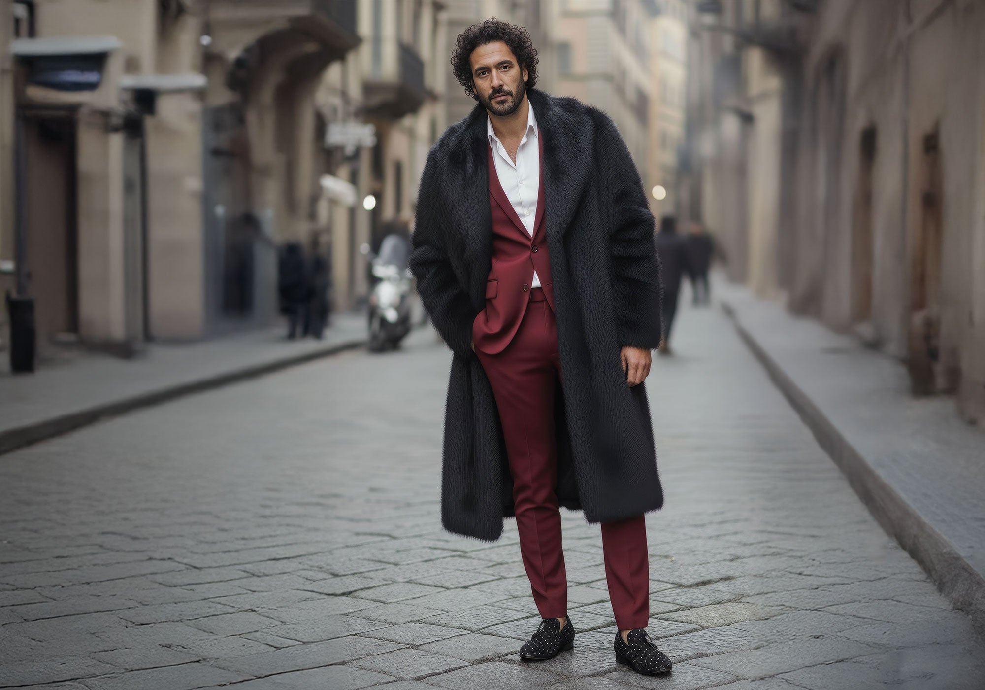 Barabas Men's Fur Shawl Lapel Luxury Long Coat 4BHL04 Black