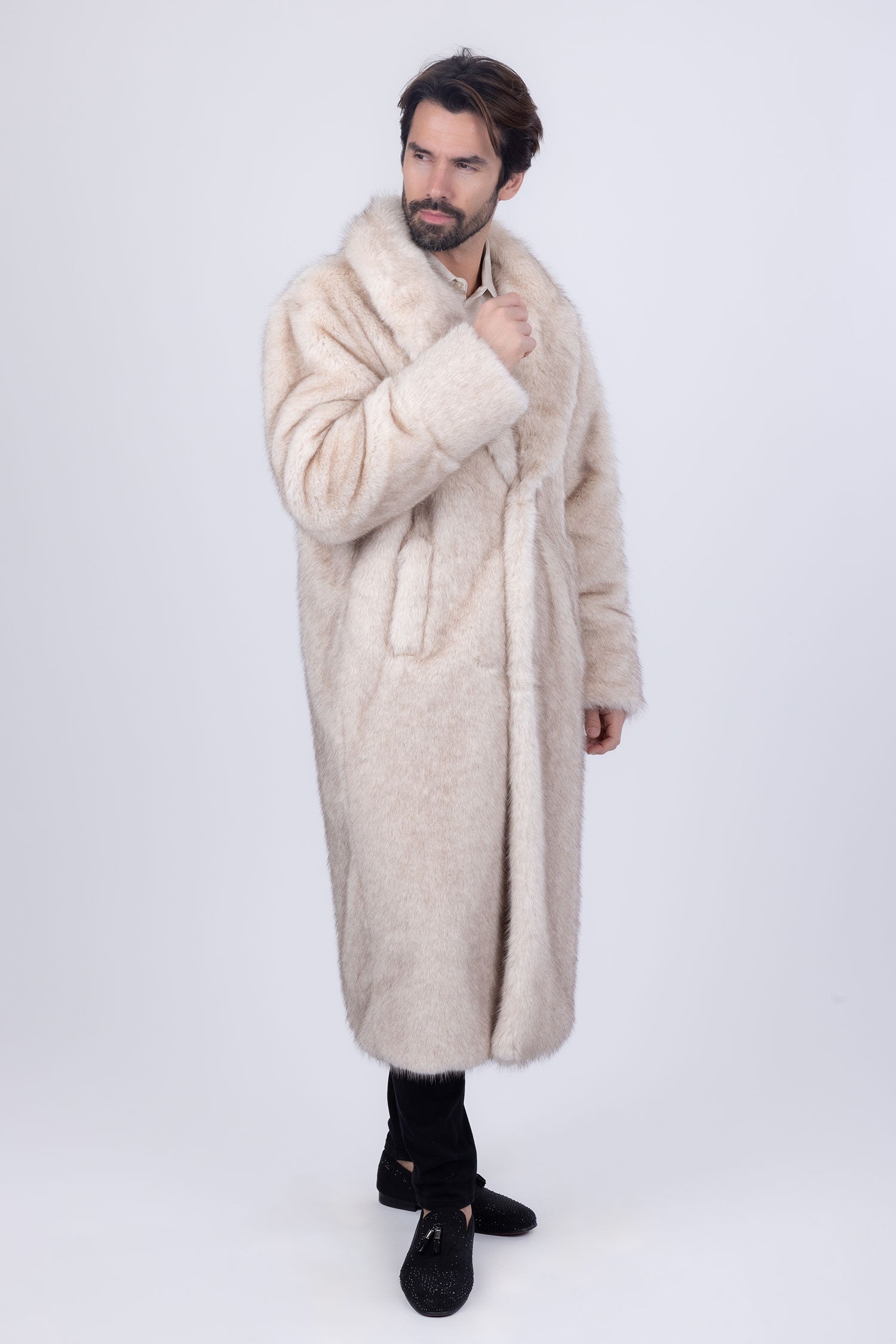 Barabas Men's Fur Shawl Lapel Luxury Long Coat 4BHL04 Cream