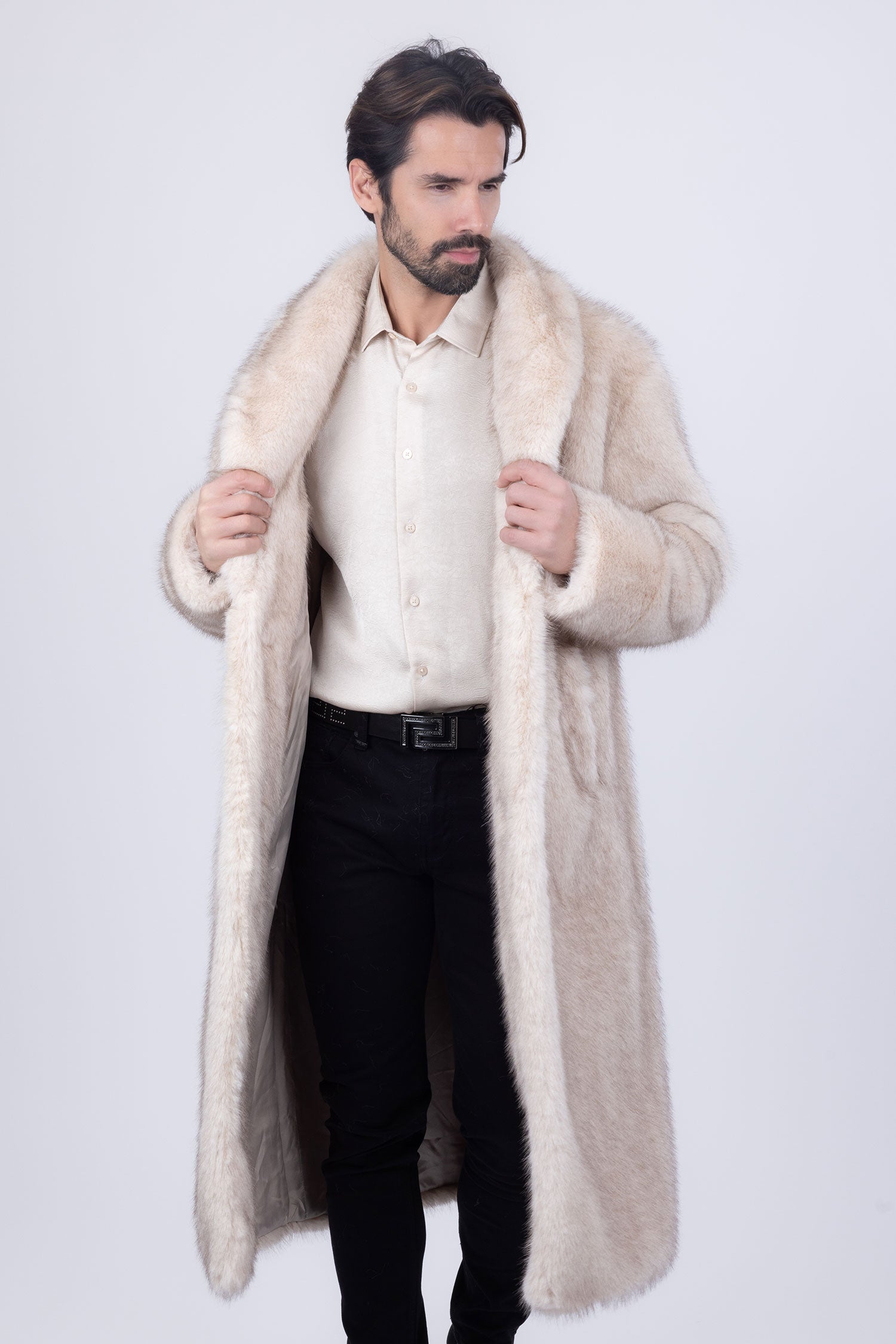 Barabas Men's Fur Shawl Lapel Luxury Long Coat 4BHL04 Cream