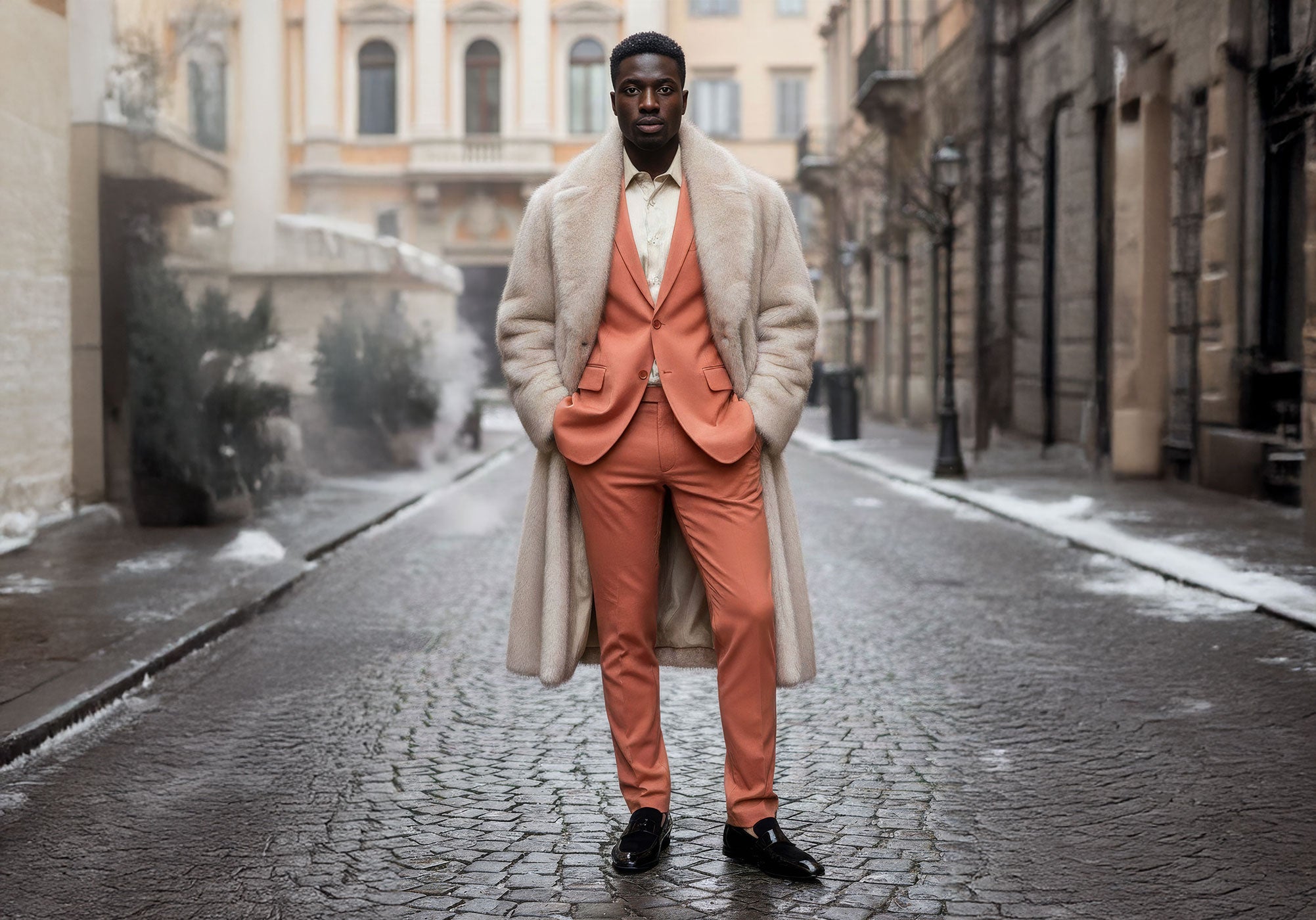 Barabas Men's Fur Shawl Lapel Luxury Long Coat 4BHL04 Cream