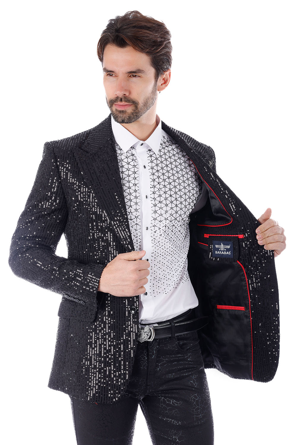 BARABAS Men's Linear Sequin Design Peak Lapel Blazer 4BL19 Black