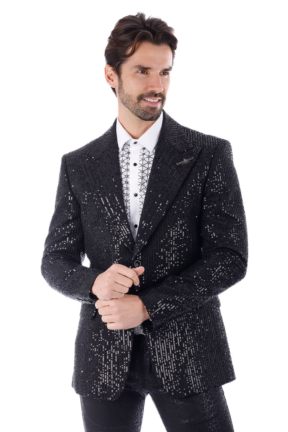 BARABAS Men's Linear Sequin Design Peak Lapel Blazer 4BL19 Black