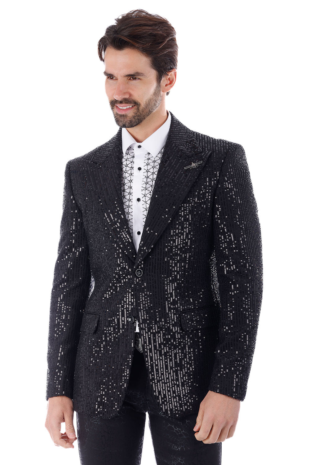 BARABAS Men's Linear Sequin Design Peak Lapel Blazer 4BL19 Black Silver