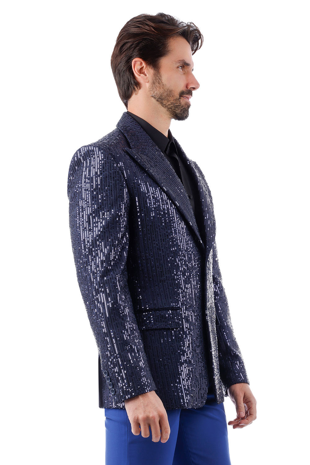 BARABAS Men's Linear Sequin Design Peak Lapel Blazer 4BL19 Navy