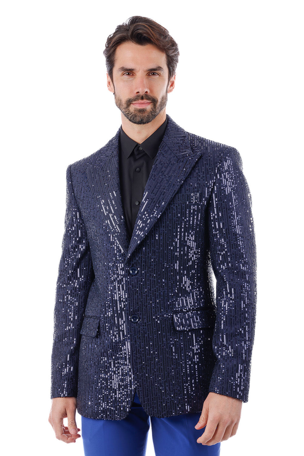 BARABAS Men's Linear Sequin Design Peak Lapel Blazer 4BL19 Navy