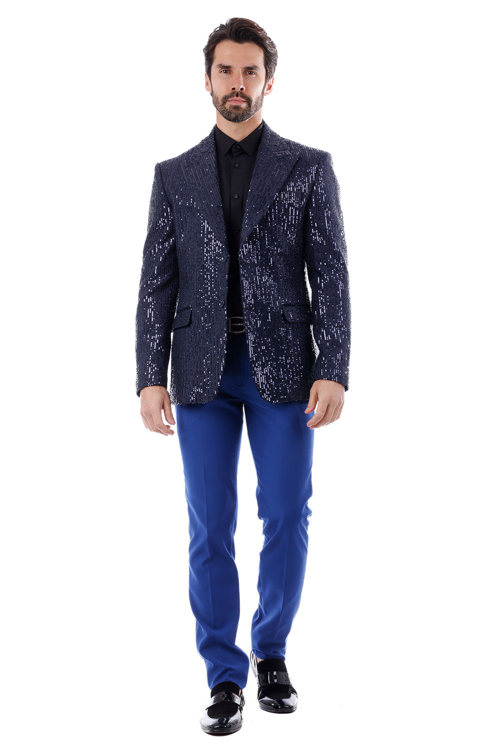 BARABAS Men's Linear Sequin Design Peak Lapel Blazer 4BL19 Blue