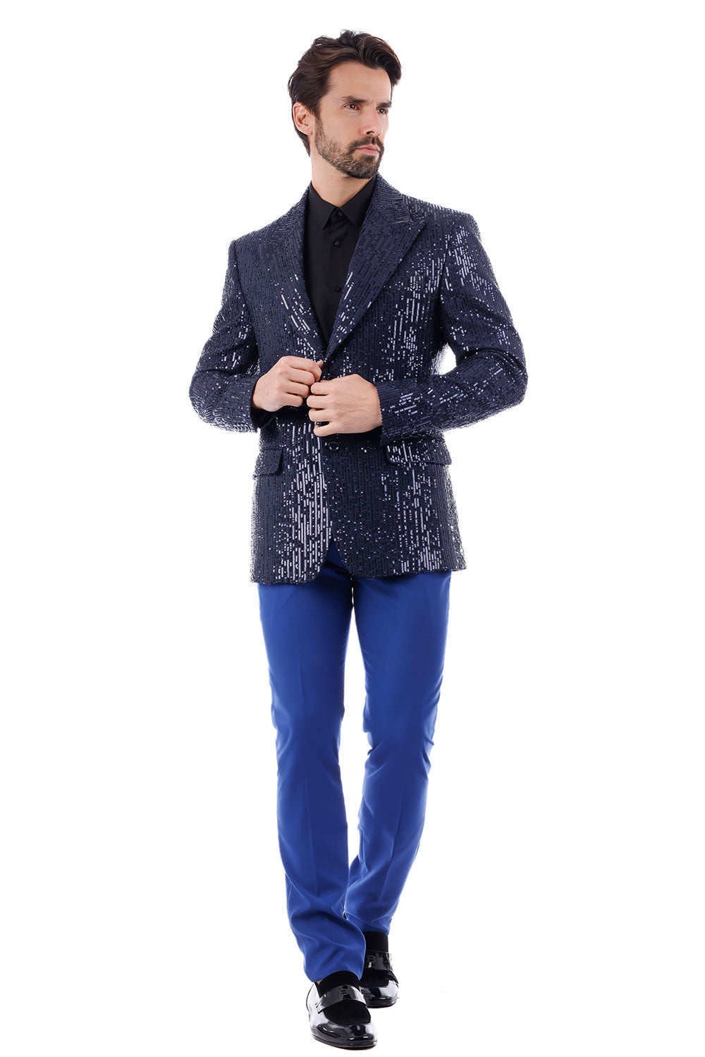 BARABAS Men's Linear Sequin Design Peak Lapel Blazer 4BL19 Blue