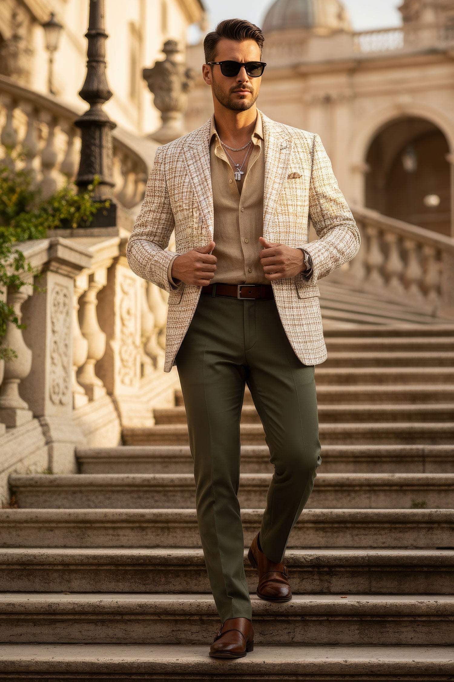 Barabas Men's Weave Pattern Premium Peak Lapel Blazer 4BL24 Camel Tan
