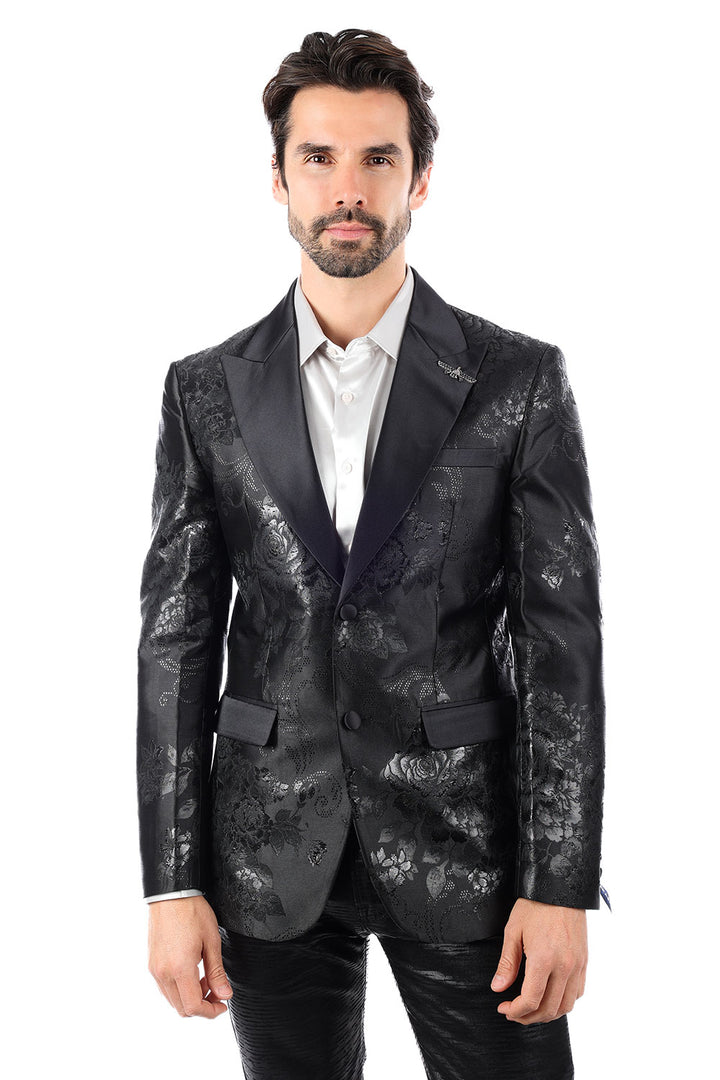 Barabas Men's Shiny Floral Pattern Long Sleeve Blazer 4BL25 Black