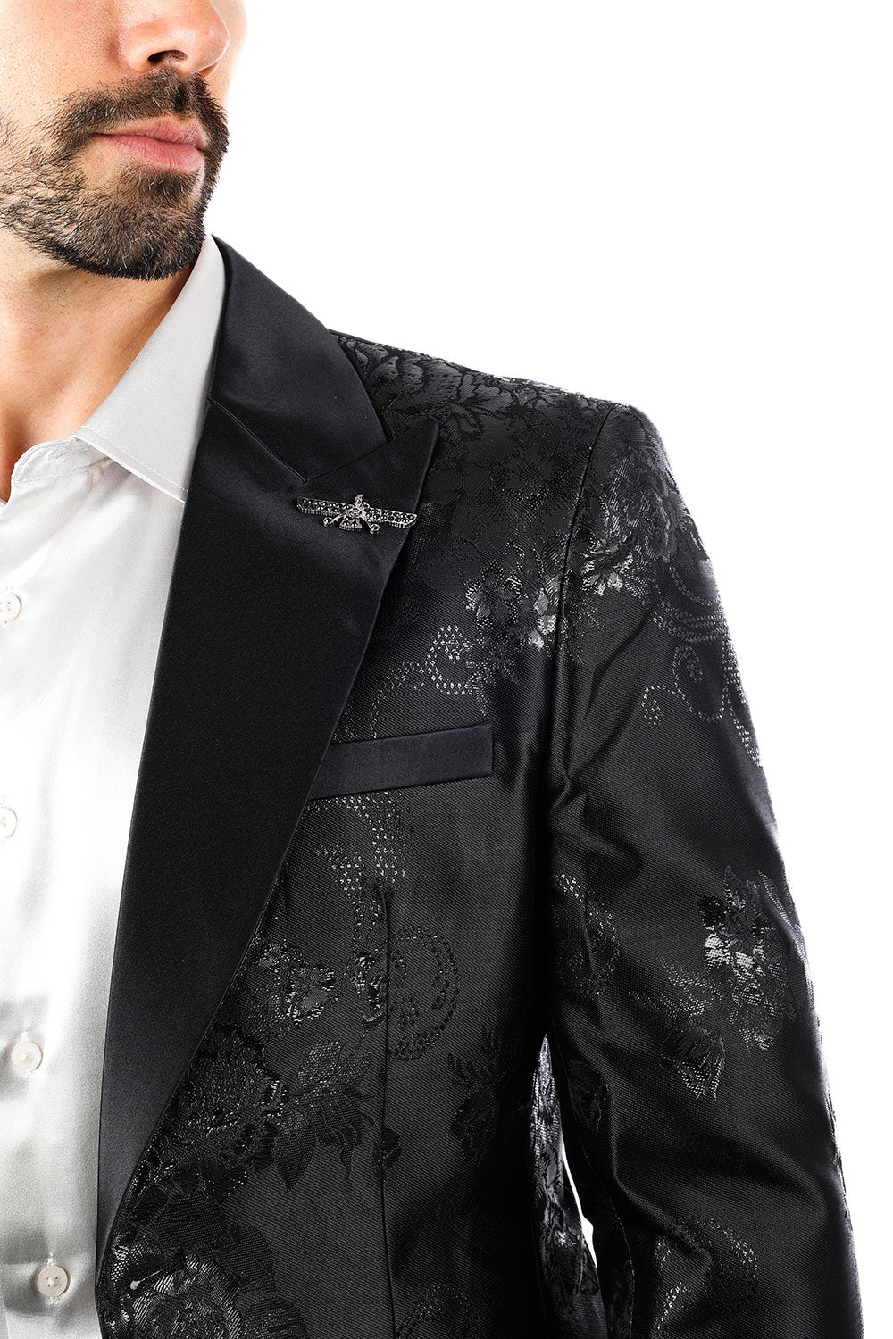 Barabas Men's Shiny Floral Pattern Long Sleeve Blazer 4BL25 Black