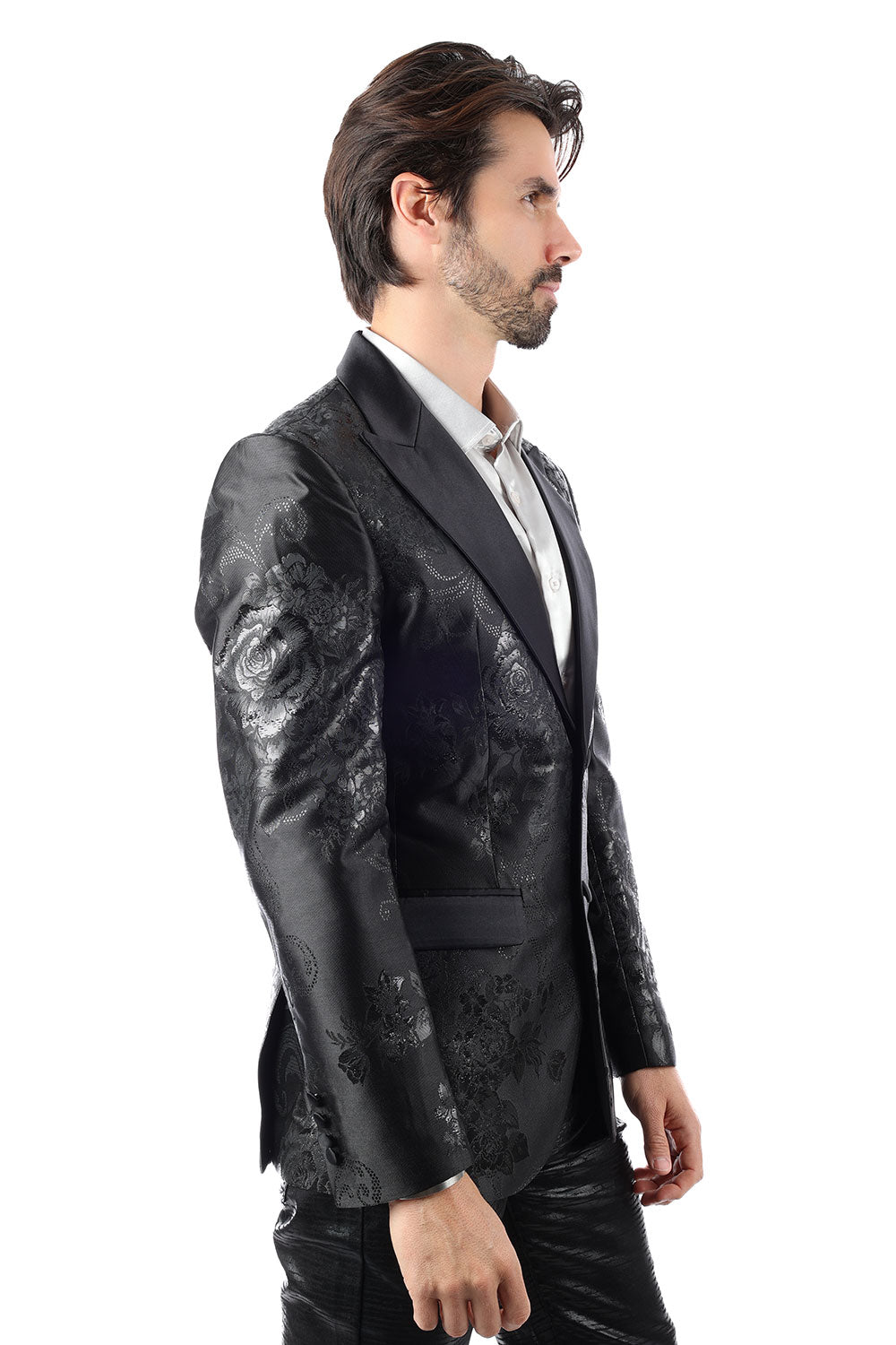 Barabas Men's Shiny Floral Pattern Long Sleeve Blazer 4BL25 Black