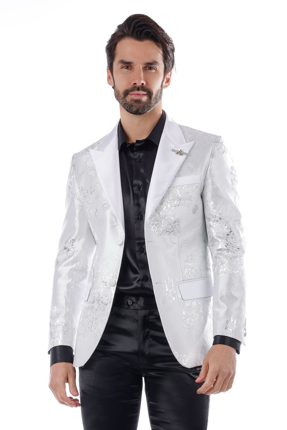 Barabas Men's Shiny Floral Pattern Long Sleeve Blazer 4BL25 White Silver