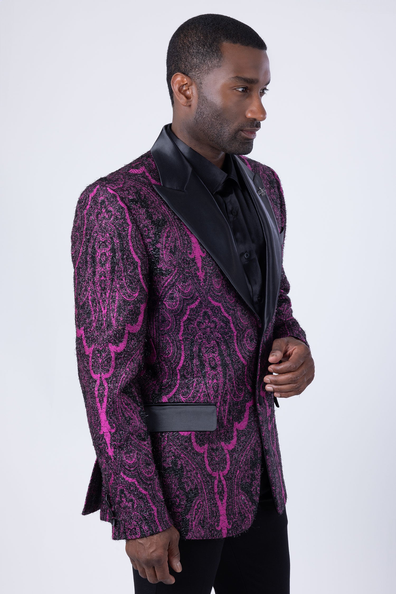 Barabas Men's Fleur-De-Lis Wool Satin Peak Lapel Blazer 4BL38 Black Fuchsia