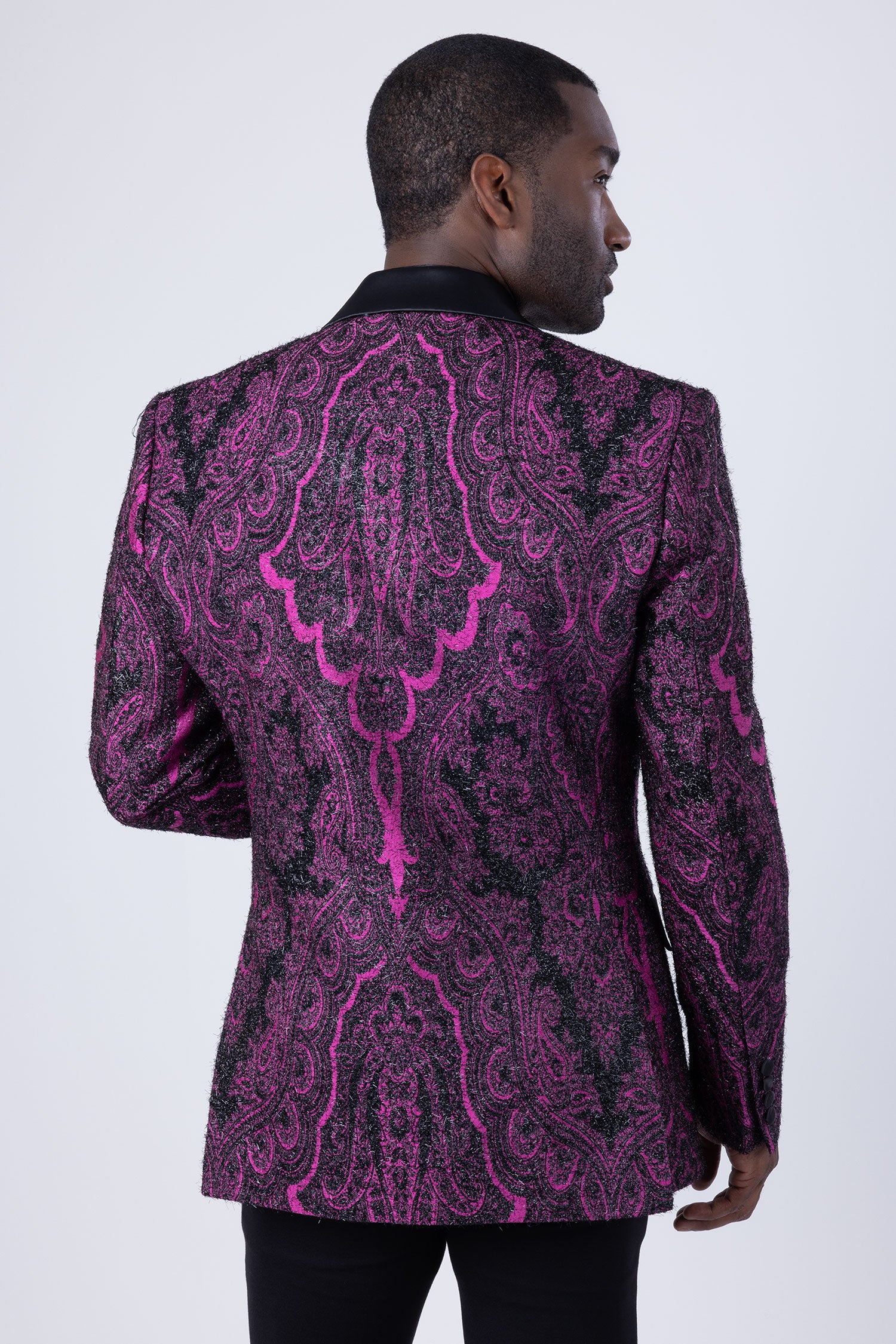 Barabas Men's Floral Wool Satin Peak Lapel Blazer 4BL38 Black Fuchsia