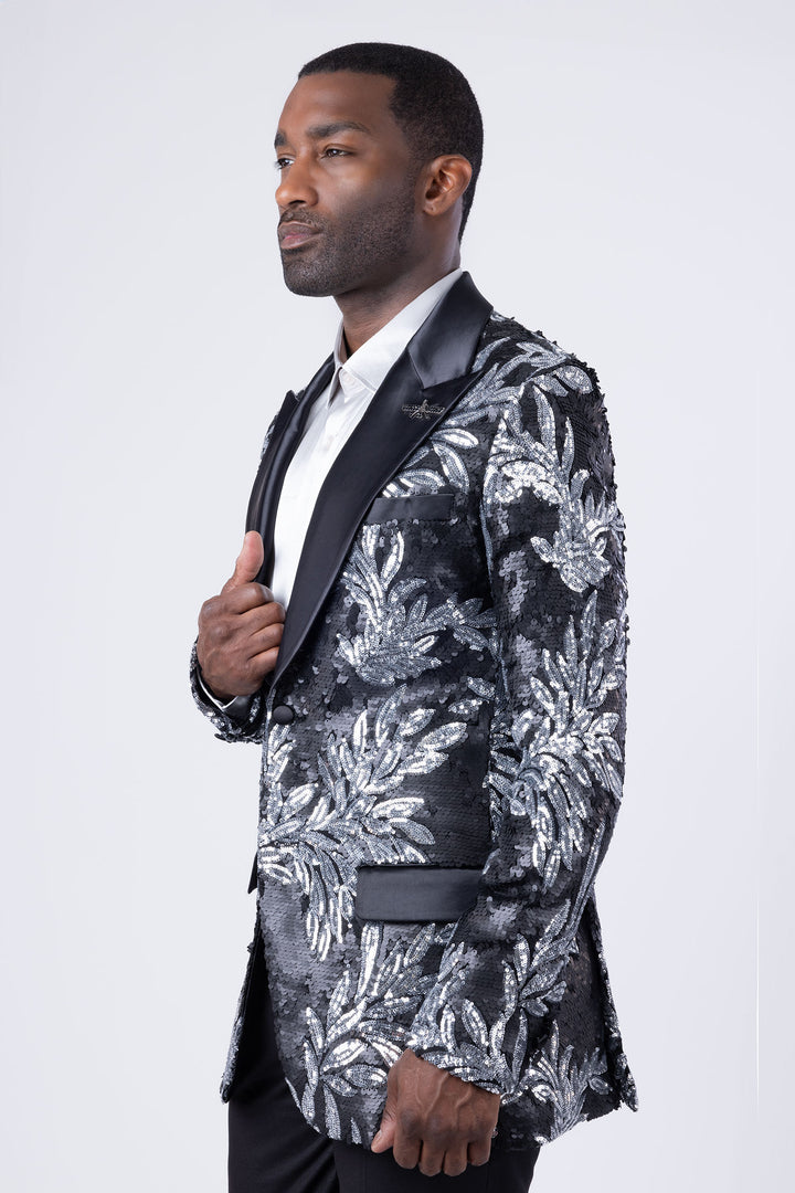 BARABAS Men's Floral Baroque Sequins Luxury Prom Blazer 4BL39 Black Silver