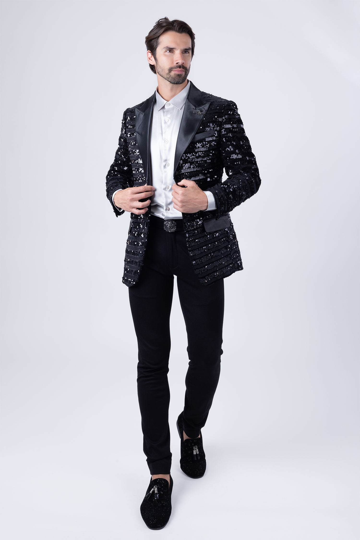 Barabas Men's Shiny Sequin Pattern Long Sleeve Blazer 4BL42 Black