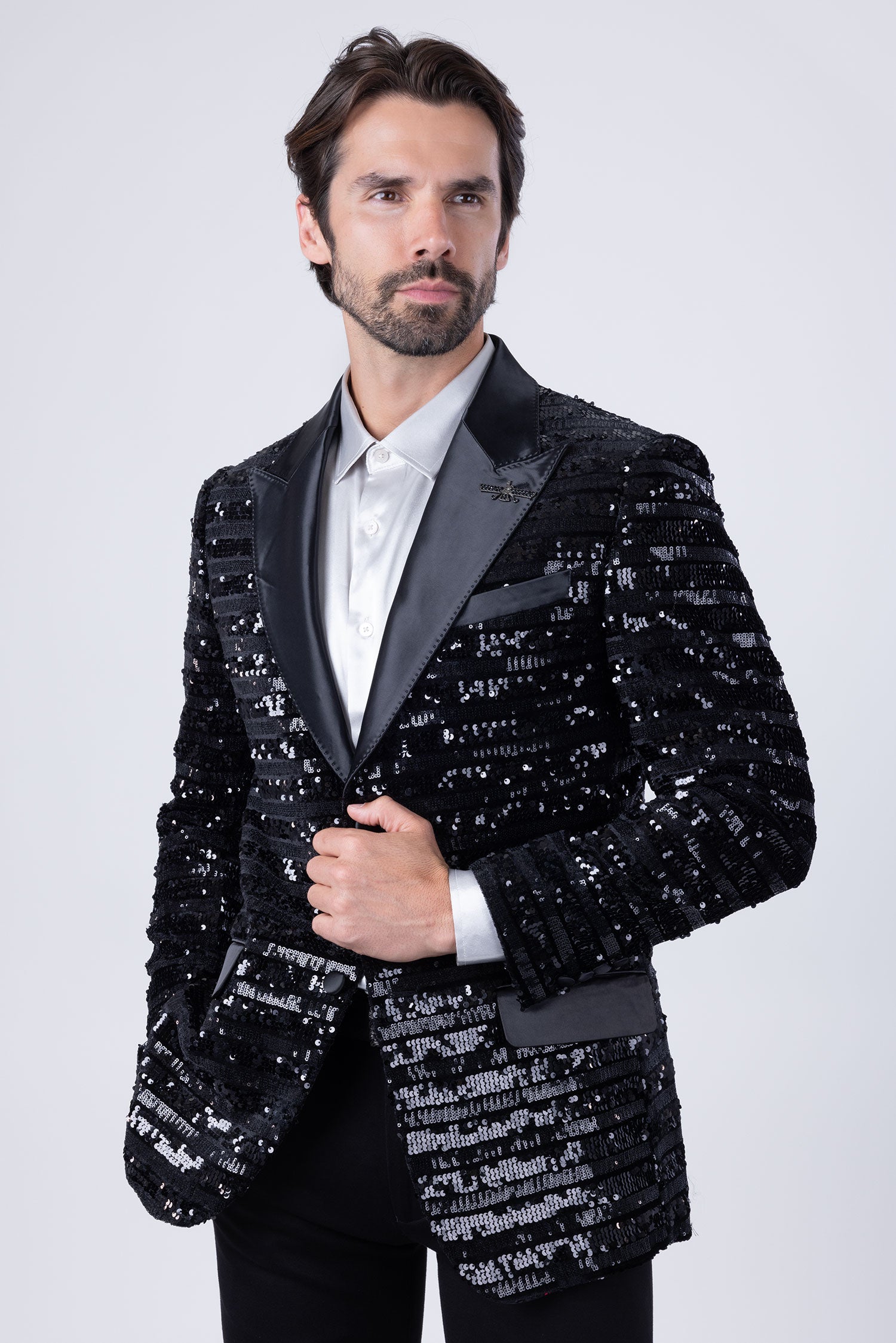 Barabas Men's Shiny Sequin Pattern Long Sleeve Blazer 4BL42 Black