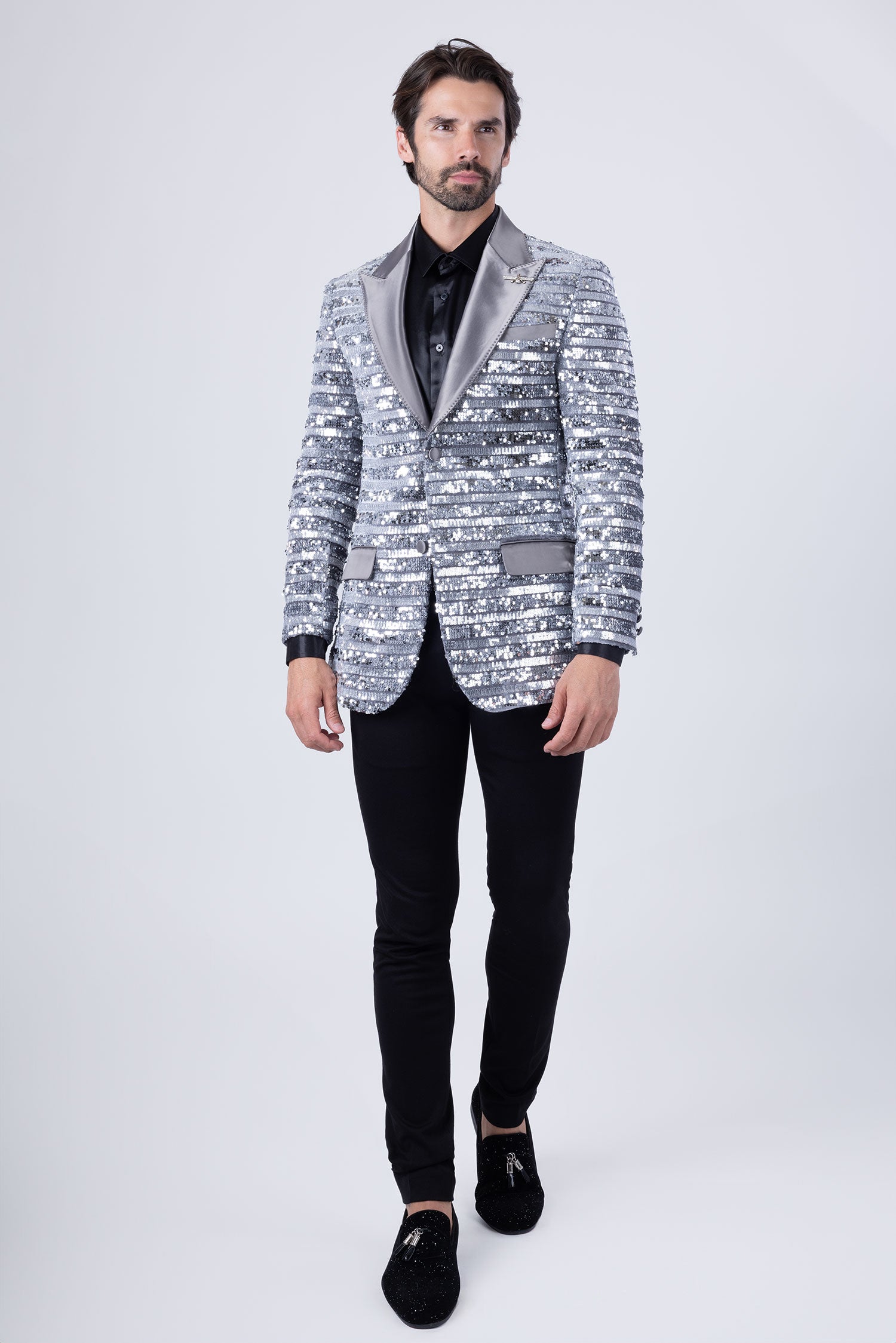 Barabas Men's Shiny Sequin Pattern Long Sleeve Blazer 4BL42 Silver