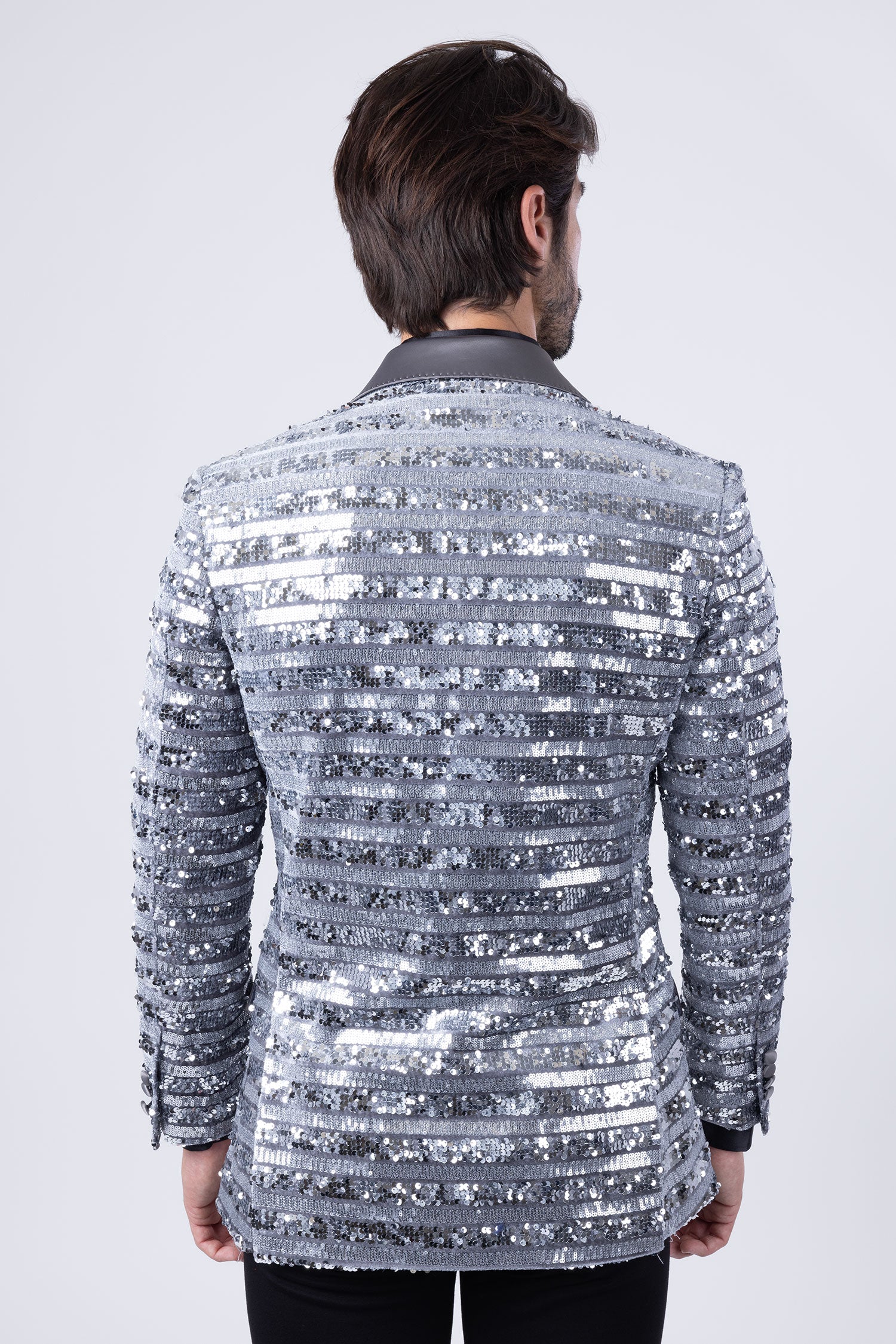 Barabas Men's Shiny Sequin Pattern Long Sleeve Blazer 4BL42 Silver